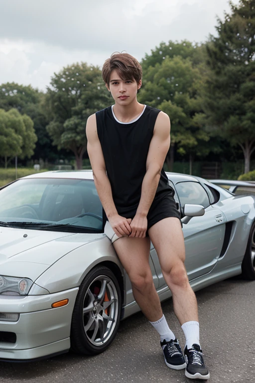 ((best quality), (detailed)), perfect face.
Colored image of Tom Holland as a stud is shirtless and only wearing a man triangle underwear with an erection.
The crotch area is bulging due to his erection.
He is masculine, handsome, sexy and hot.
His body is very muscular, hard muscle and glistening with sweats.
With a dominant demeanor, he is sitting in the backseat of a car while spreading his legs.