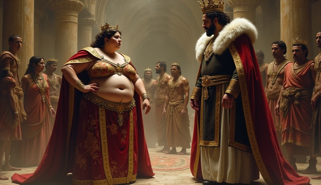 (a naked overweight ancient roman senator), beautiful detailed eyes, beautiful detailed lips, extremely detailed face and body, ((surrounded by several prostitutes wearing loincloth made of jewelry)), high quality, hyper detailed, photorealistic, 8k, dramatic lighting, chiaroscuro, cinematic composition, dramatic colors, dramatic lighting, glowing skin, ornate decorations, intricate patterns, rich textures, luxurious details, lavish environment