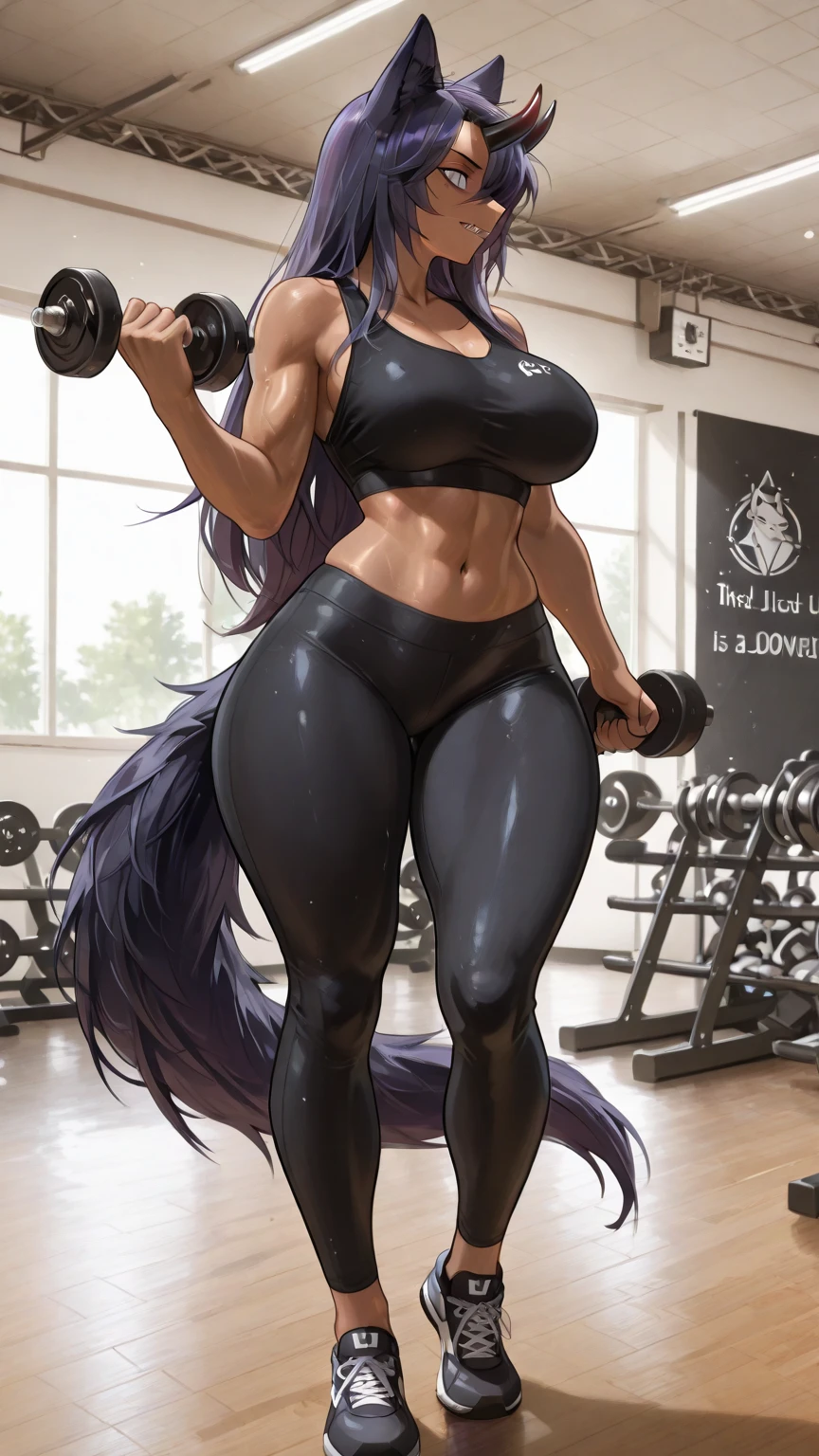 (anthro)) wolf, Ross Tran, by ruan jia, by zaush, by foxovh, by cutesexyrobutts, by cervina_7, by sligarthetiger, Best Quality, masterpiece,, Illustration, Wallpaper,1girl in, Solo, black hair,ponytail hair, hair black with highlights blue, dot piercings 3 in 2 row down her snoot, purple/pink eyes, Beautiful detailed girl, extremely detailed eye and face, black dragon tattoo on her arm, Beautiful detailed eyes, natural_Lighting, Looking at Viewer, Thick_thighs, big ass, tall, hourglass figure, fit body, abs, sweaty, female, cute, wearing gym cloths, in gym, bench pressing, lifting bar with weights, view from top to bottom , large breasts, natural breasts, tail, tall, happy expresion, wide hips thin waist, 8k