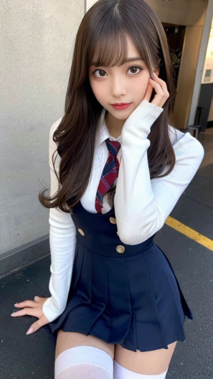 (1 Korean star with royal sister style), ((Best quality, 8K, 巨作: 1.3)), focal point: 1.2, Perfect body proportions: 1.4, (Make a smile), (Ray traching),Watery eyes, Highly Detailed Face and Skin Textur, Fine eyes, Double eyelids, Whitens the skin, (Black long straight: 1.3), (face round: 1.5), (JK school uniform: 1.4), (Lace view: 1.6),(Black over-the-knee stockings: 1.4),(JK style:1.4),(Extremely perfect legs)