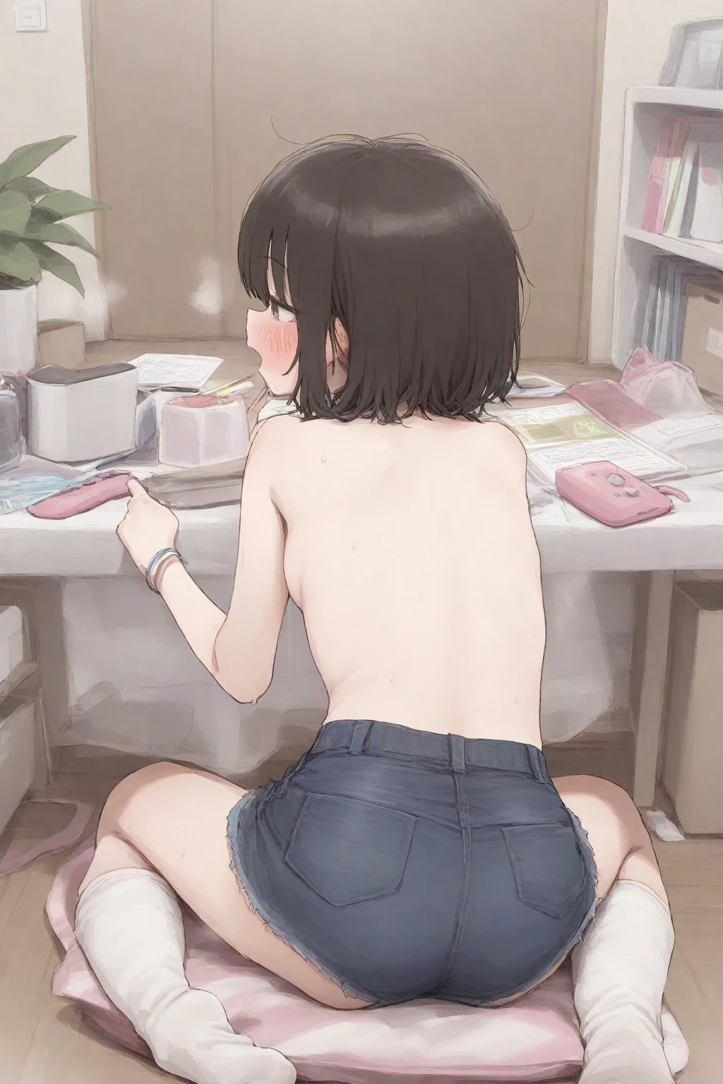 Front view, doctor from the right, short hair, naked, black hair, small breasts, black eyes, blushing, listening to heart sounds, chest examination, sitting in chair, hospital, stethoscope