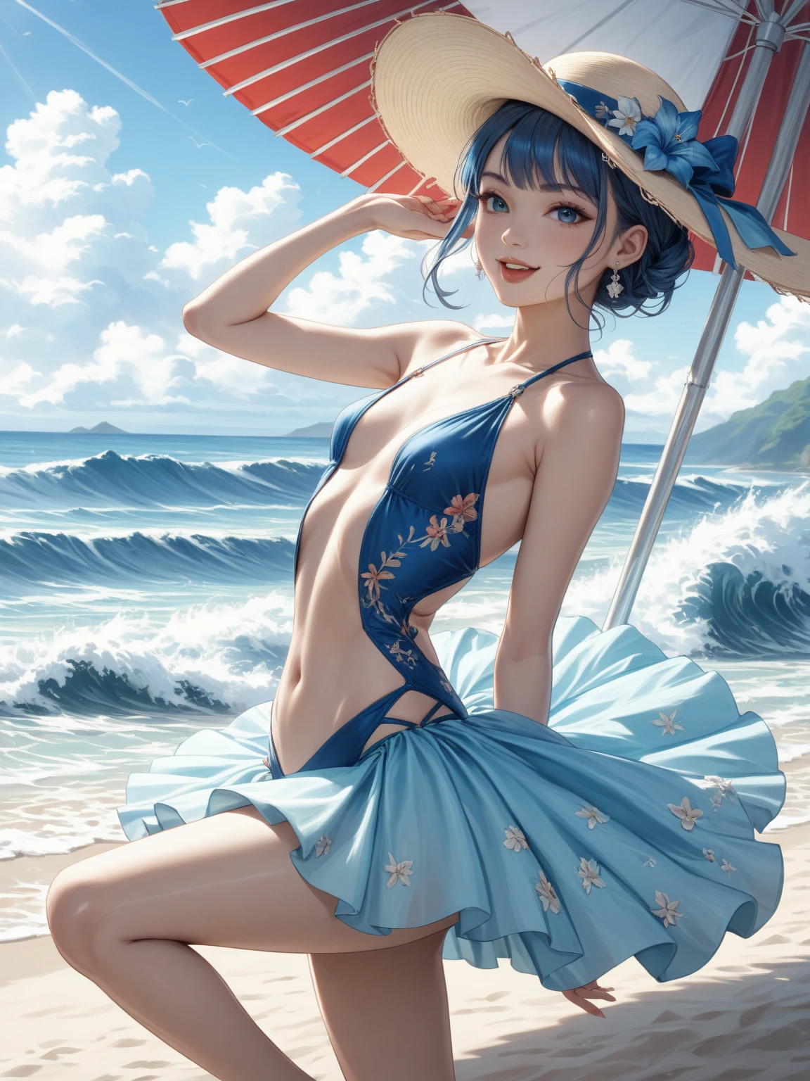 1080p, detailed, designed, curly sideburns, blue hair, fluffy hair, short hair, ((anime)), sexy, curly short hair
, elegant, blue, denim blue, white and blue, swimsuit, (adult female), (anime), ((two-dimensional style)), anime shoujo, lively, three views, set set, absolute field, bare thigh, seductive