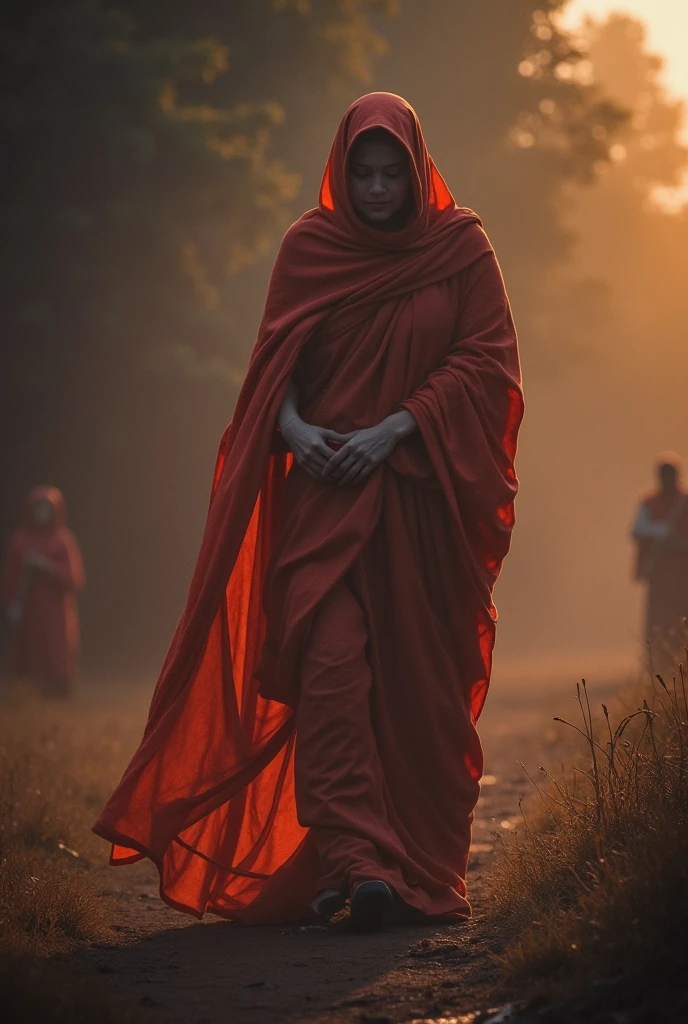 Orange clothes should be worn and the face should not be visible; the form of India should be visible in it.