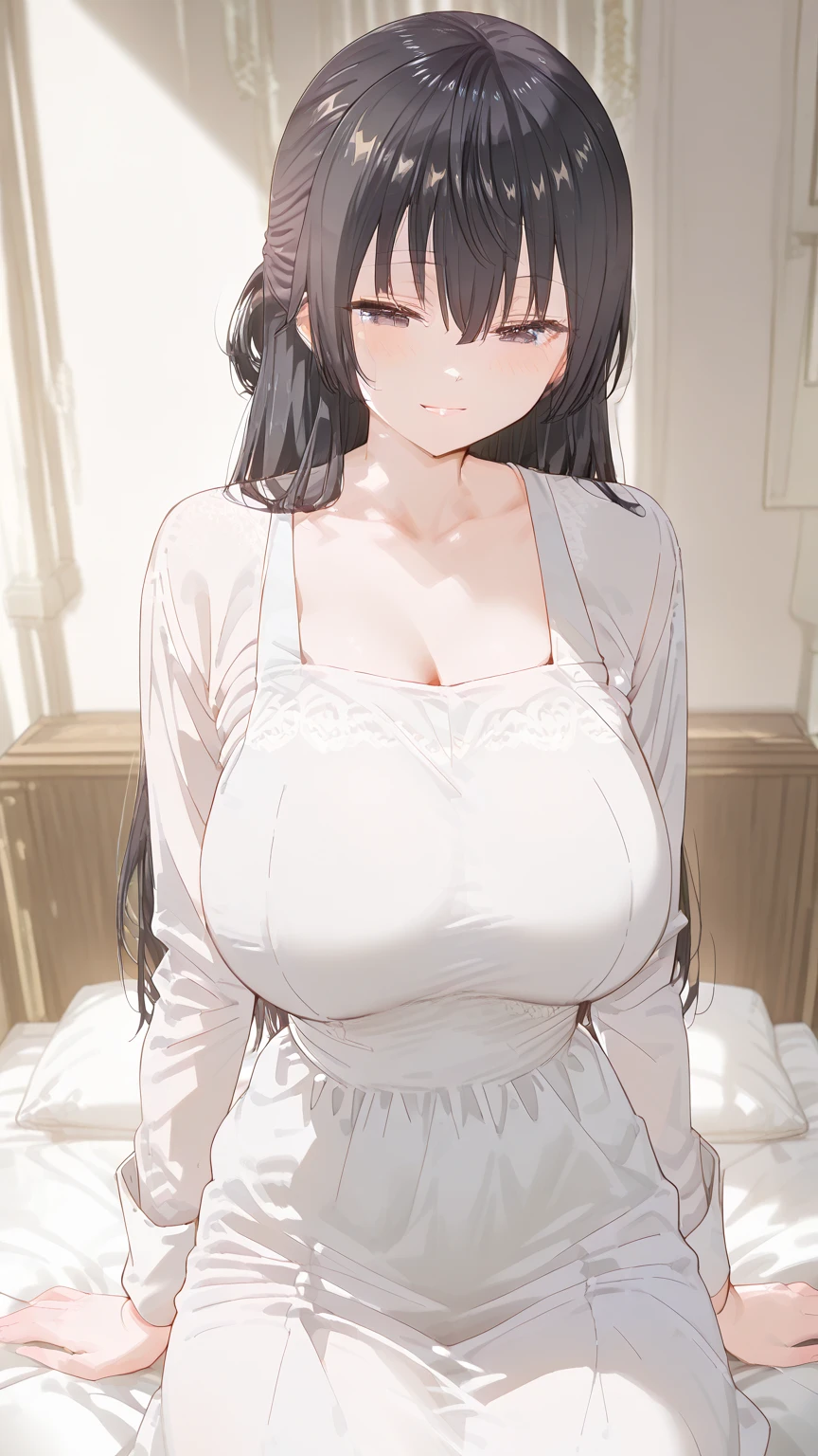 1girl, mature women, realistic skin,perfect ,black hair, long hair, (hair over one eye:1.4), messy hair, hair between eyes, saggy breast, pajama, cute shy blush on , bedroom