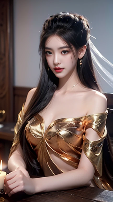Portrait of a 20-year-old young saint, A beautiful and cute saint,Wearing a very thin and sexy Ao Dai, Beautiful cute face,(((Large Breasts、Breast sagging、Low-cut，Cleavage ，Wide hips,)))((Long legs)),Hourglass figure))  Aodai with deep chest slit，With charming black and white lace, Beautiful face without blemishes, Lovely smile, ((7 color hair lengths:1.2)), Big Crown, Hair accessories, Hanfu, Chinese ancient style, body jewelry, forehead tattoo, The female saint&#39;s breasts are round and full, Breast Augmentation, innocent face, most beautiful、The most detailed light red lipstick, ((Thin and plump lips:0.3)), ((Eyes with iridescent pupils:1.2)), (White and detailed) Movie, Light and Dark, Dramatic Lighting, Magical light, Extremely detailed lighting, True Color, Super sharp, Practical, 8K picture quality, Fantasy universe background, Saints and Magic Space, most detailed images, Solitary, To the Saint, ((Look directly at the upper body of the saint:0.4)), ((Smooth skin:0.5)),