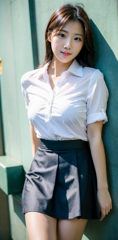 RAW photo, best quality, masterpiece, depth of field,(realistic),photo of <lora:KuHasumi_lora-10:0.9>,1girl,solo,ponytail,wearing button down white collared shirt,skirt,pantyhose,outdoors