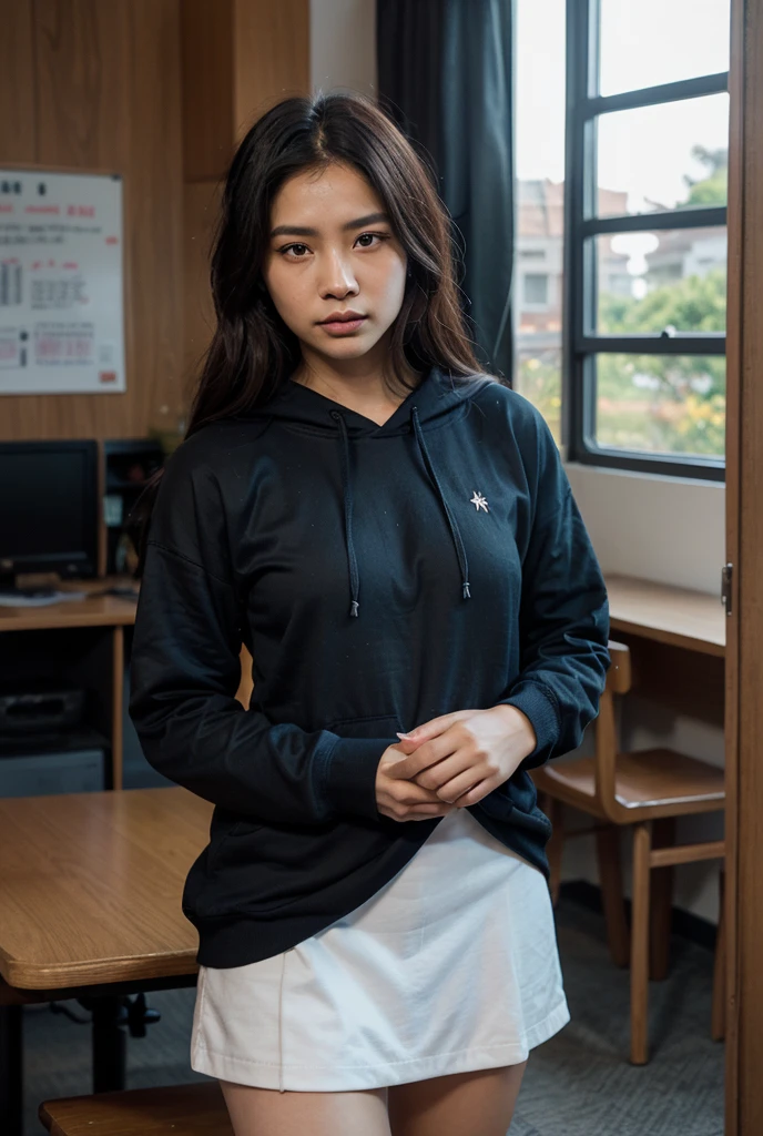 (National Foundation),professional women photography, On the table, Large target, 1 malay woman, Artistic Background、flirt, Different lenses, (sweat bracelet: 1.3), Blurred Background, Beautiful woman photo, ((Black gangster style)), panty shot,Open front end, skirt, ((black hoodie, peach-colored hair)), Practical, Beautiful lips, Brown eyes, Black plaid pleated skirt, highest quality, Ultra Detailed, naughty angle, long eyes, mature beautiful face, Seductive eyes, Backlighting,Different actions