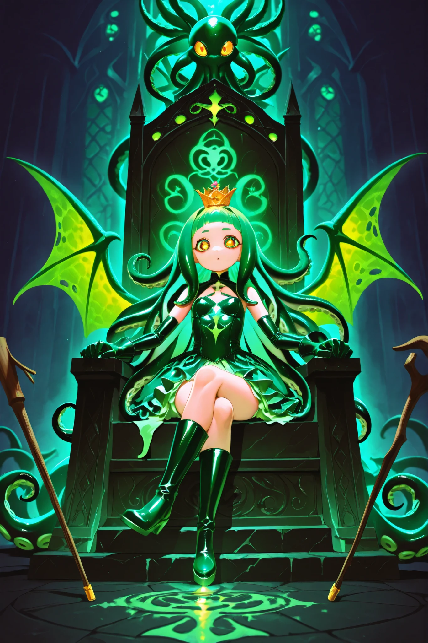 Cthulhu Princess Girl. Green hair. Long hair. Tentacle hair. Drooping bangs. Small crown. Big eyes on head. Yellow pupils. Octopus eyes. Black and green costume. Princess dress. Mini skirt. Ruffles. Long boots. Latex gloves. Jeweled walking stick. Green dragon wings. Sitting. Cross-legged. Throne.