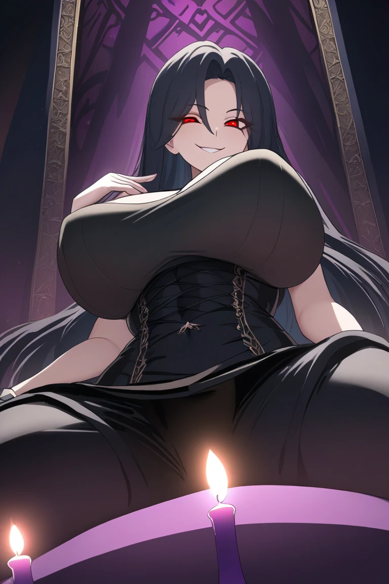 Unohana Yachiru (Bleach),Noble Elf Woman,Adult female,Queen, Queen, elegant,elegant,(eyelashes), Curvaceous, (masterpiece, のficial art),(Mature Woman),alone,elegant face,Black Hair, Red Eyes,Red Eyes,Long Hair,( Mature Woman, Sensual),超Perfect bodyカーブ,(Large Breasts:1.5),(((((Huge breasts))))), Saggy breasts, Plump, (((Wide Hips, Thick thighs))),Perfect body,Watching the audience,Looking Down,(whole body),Fascinating, Attractive clothing,Huge, shining halo, Royal Dresses,tall,Simple red background,Dressed up,Huge ,Huge Ass,(Shiny), whole bodyに光沢,High resolution, Highly detailed 8K,highest quality,cg,information,