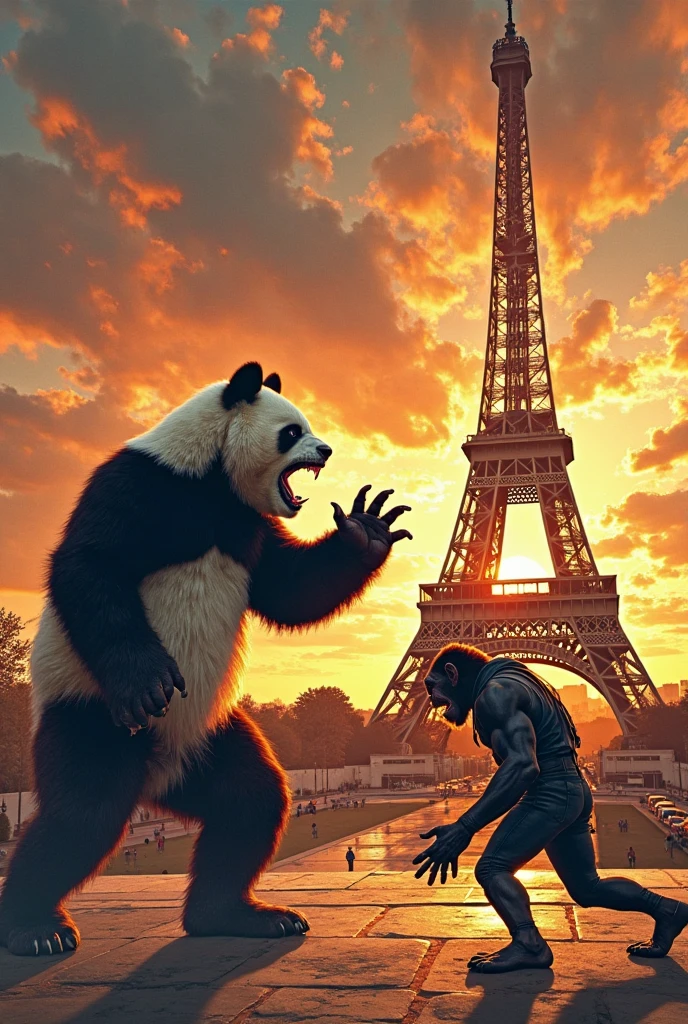 King Kong suspendu à la tour Eiffel et des gilets jaunes tenant des ballons de plusieurs couleurs 
