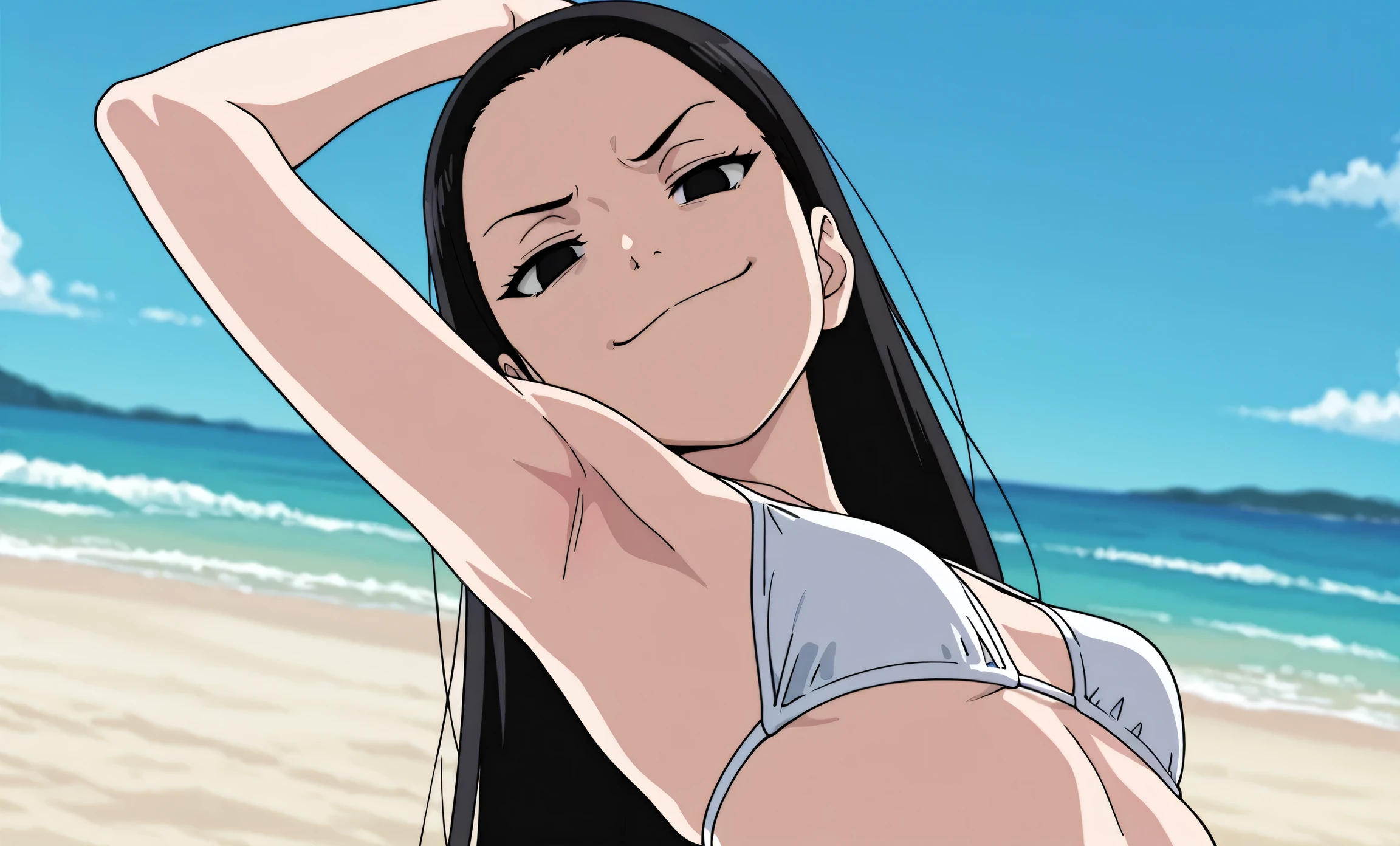 masterpiece, best quality, amazing quality, anime screencap, anime coloring, 1girl, solo, kt1, black hair, long hair, black eyes, small breasts, forehead, white bikini, skindentation, arm up, raised arm, armpit, armpit focus, head towards viewer, looking at viewer, direct eye contact, evil smile, smug, closed mouth, confident, outdoors, day, beach, from side, from below,