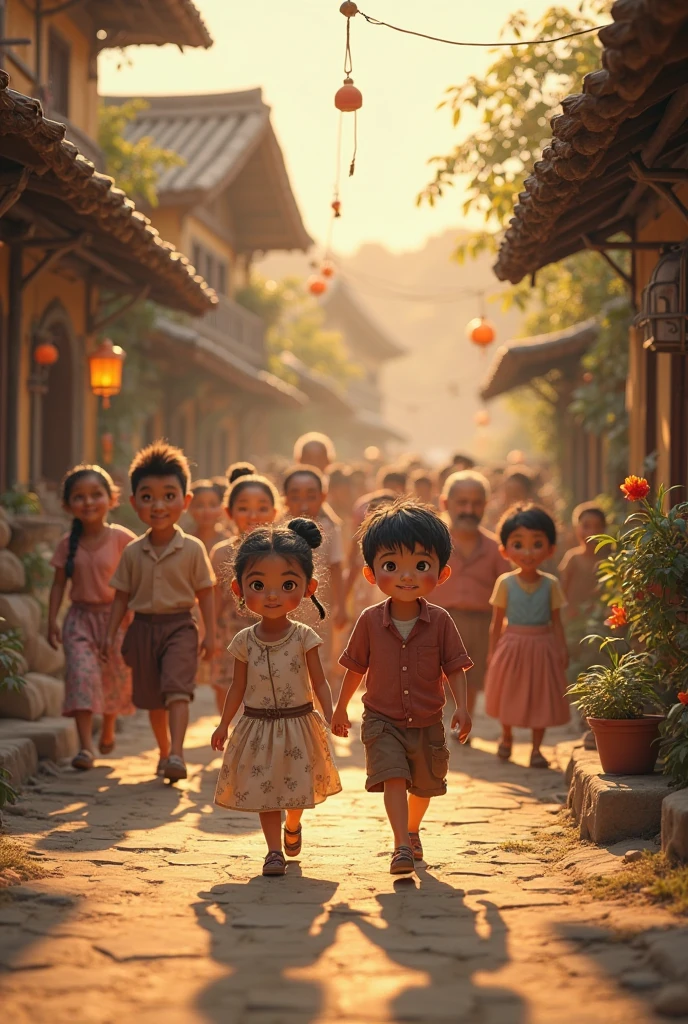 Thadingyut festival in Myanmar, night town,lights everywhere,a family enjoying the moment,kids playing,happy ,HD,cartoon character