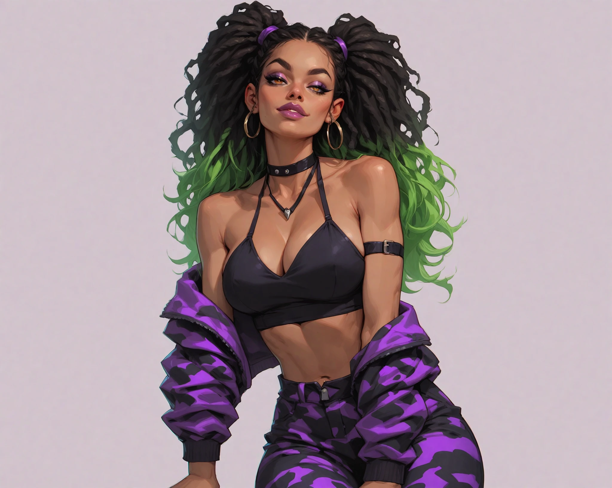 (masterpiece, Best quality, high resolution, ultra-detailed), (Beautiful and aesthetically pleasing: 1.2), A masterpiece image: ((1woman)), black long wavy hair, green eyes, perfect body, detailed eyes and face, cheerful holiday outfit, stylish bright blue shorts, green socks, yellow T-shirt with a bright print, purple sneakers, bright bracelets and earrings in retro style, children's party, neon light, dancing, dance floor,purple theme,bioluminescent fbpz body paint, monochrome