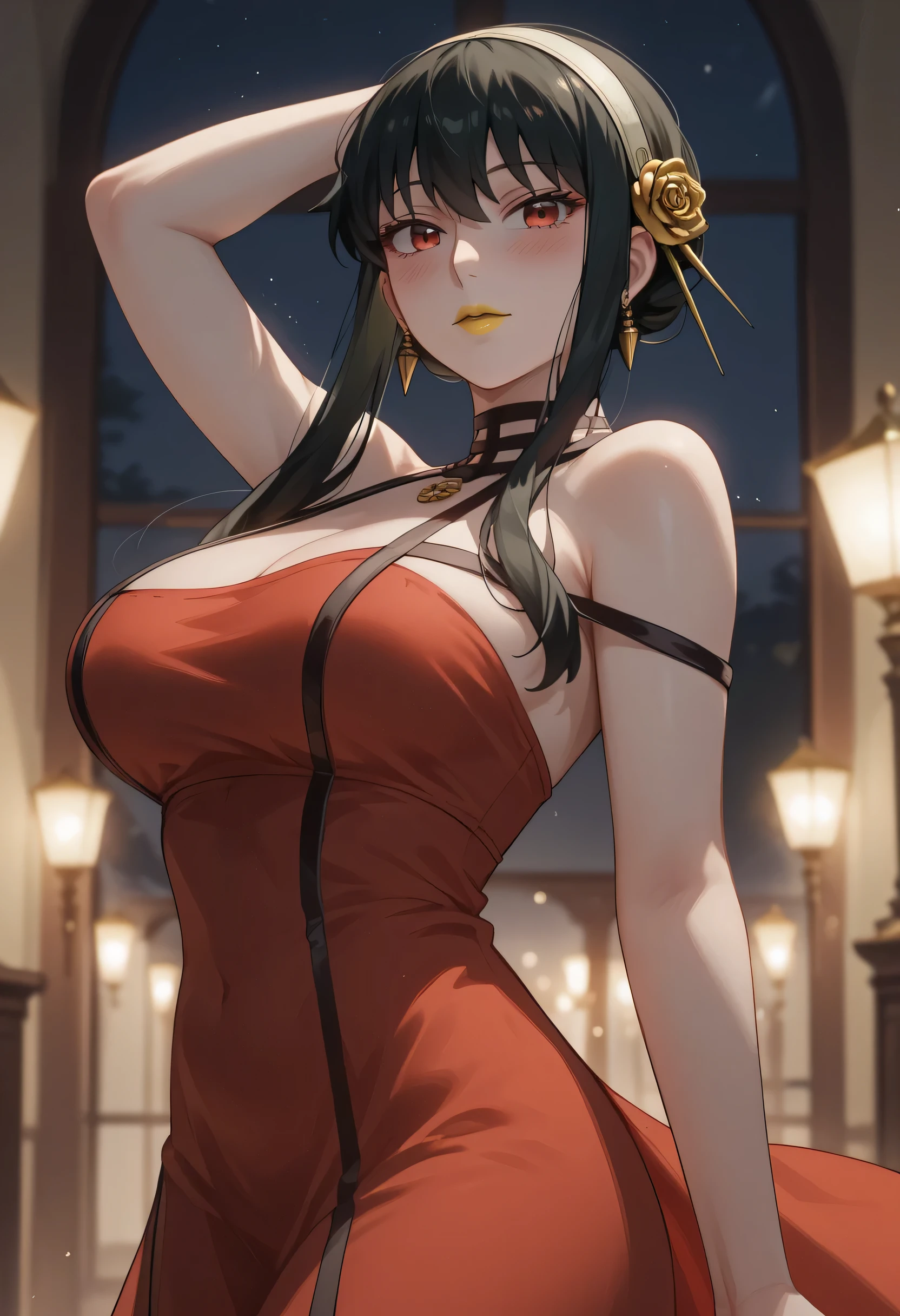 good Hancock, standing, long hair flying in the wind, (bright black eyes: 1.3), tattoo of the number 69 drawn on her belly, long black hair, smile, sexual appearance big, large breasts and perky ass, BREAK completely beautiful, short red dress, BREAK stage, perfect faces, perfect hands, perfect skin, perfect clothing fabric, night theater, acting, shooting stars, BREAK meteors looking at the viewer, (cowboy photo: 1.5), BREAK (masterpiece: 1.2 ), best quality, high resolution, 8k unity wallpaper, (illustration: 0.8), (beautiful detailed eyes: 1.6), extremely detailed face, perfect lighting, extremely detailed CG, (perfect hands, Perfect Anatomy ), sweaty body, she is moaning, feeling sexual pleasure