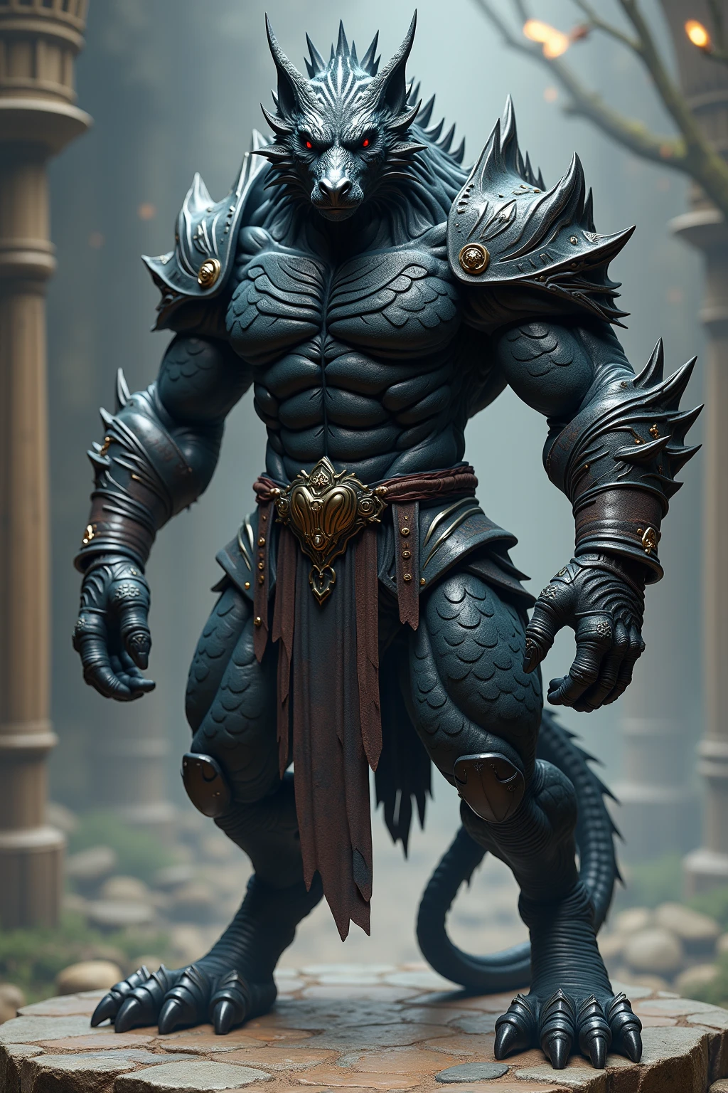 Humanoid lion with silver-gray armor, pele preta em escala de cinza, rugindo, caninos longos, estilo ultra-realista.