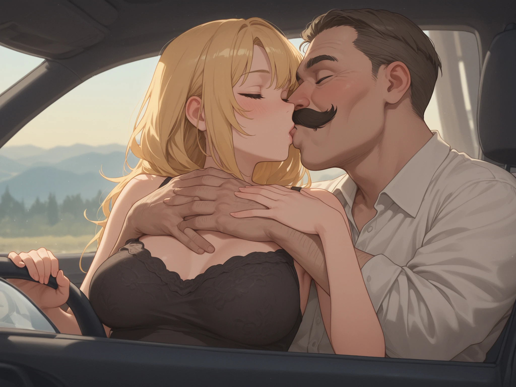 The man in his 45s with black very short hair and smooth face with moustache. The woman in her 45s with brown wavy long hair. They are naked. They are in the backseat of a luxury car. Night. Dark. Cowgirl sex. The woman is moaning. They are hugging. Orgasm. Passion. Erotic. Ultra realistic.