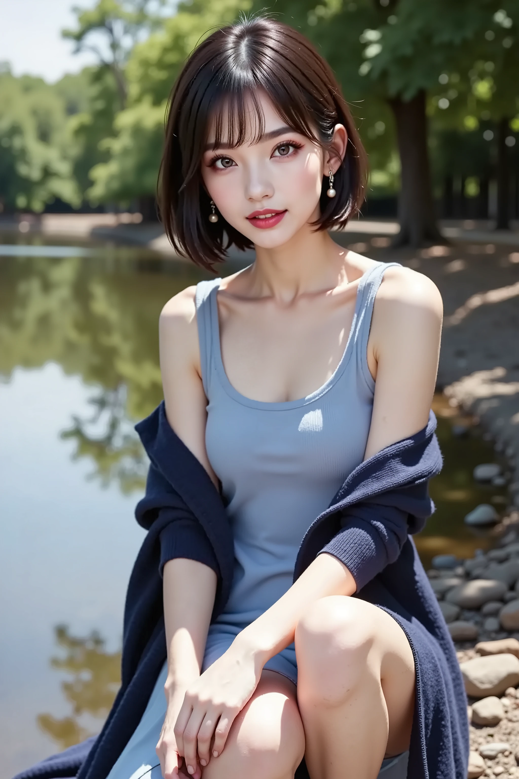 (Masterpiece, best quality, photorealistic : 1.2), close-up shot, sharp focus, 1 gorgeous young short-haired pretty girl, slim body shape, big breasts, lip gloss, delicate beautiful face, (wearing printed casual summer dress, pendant), outdoor, daytime, clear sky, outdoor restuarant, table, dish of food on table, river, soft light.