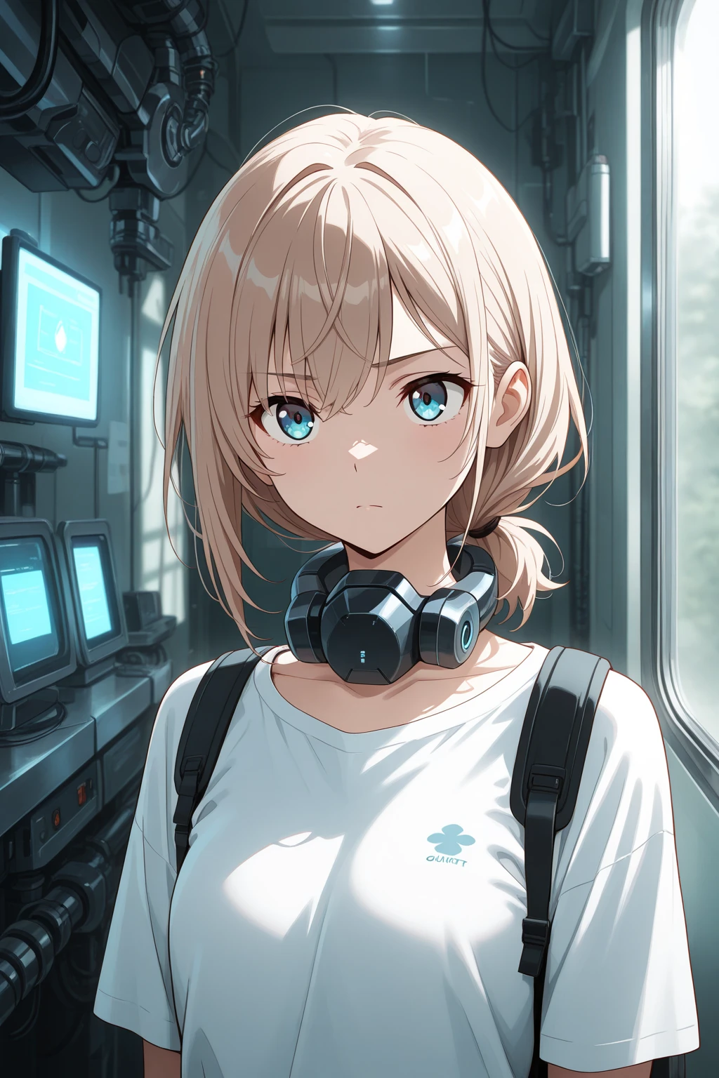 blonde、long hair、blue eyes、cute girl、Azatoi、standing robot、Background Factory、I have a tool