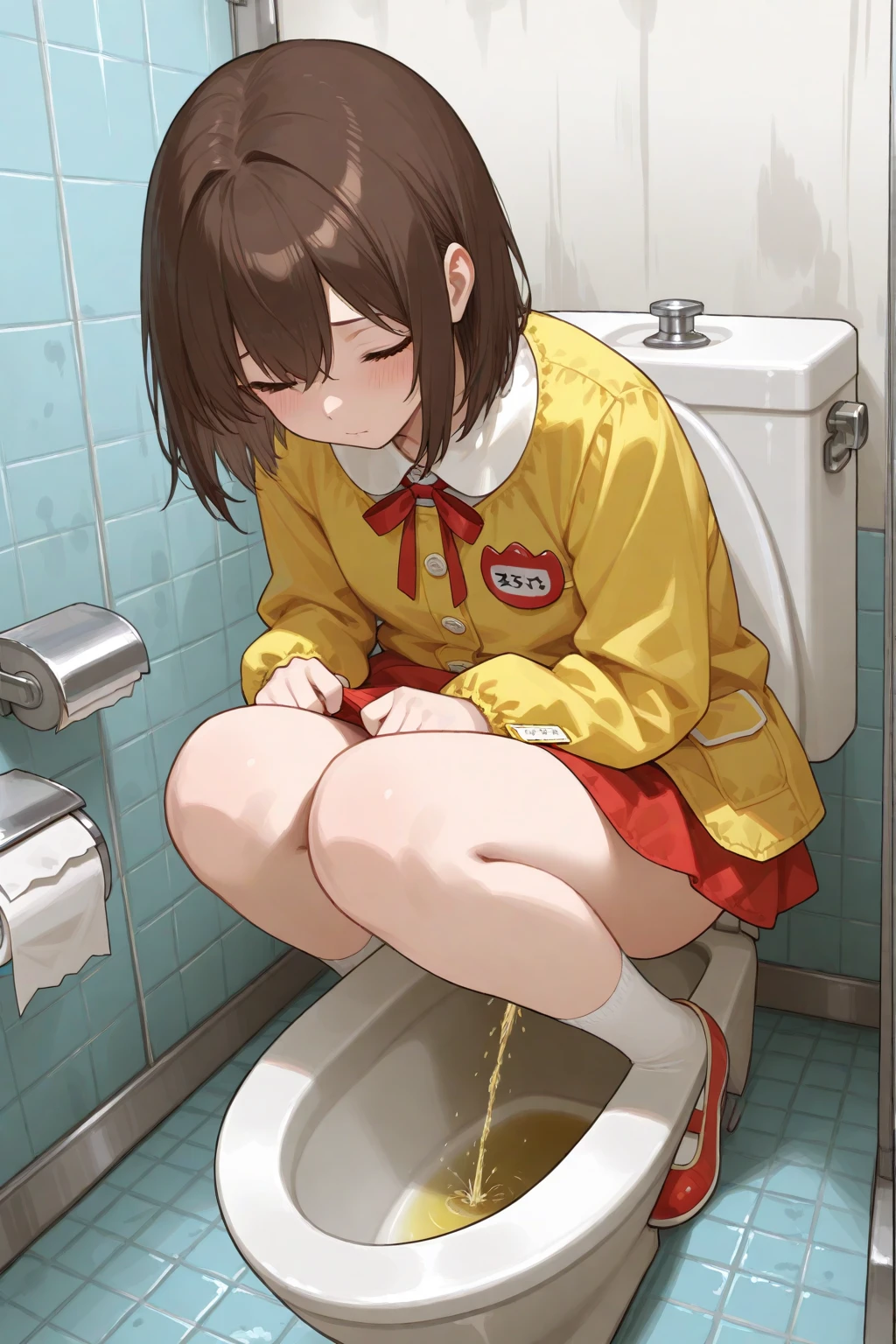 Masterpiece、high resolution、female、Brown shorthair、((Peeing))、(((Pee)))、I'm in trouble、Embarrassing、Trouble、cry、Blushing cheekouth breathing、(Open your mouth)、Hold the crotch、手でHold the crotch、Spread your legs、Sitting on the floor