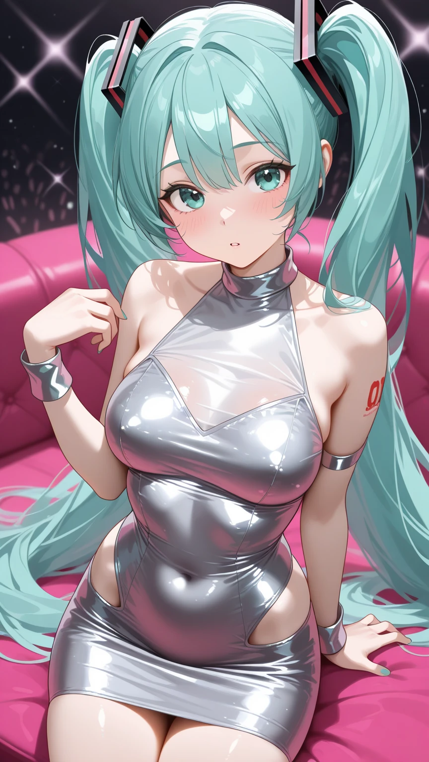Hatsune Miku, huge tits, tight-fitting translucent clothing, lingerie, camel toe, erect nipples, erotic pose, field of red roses