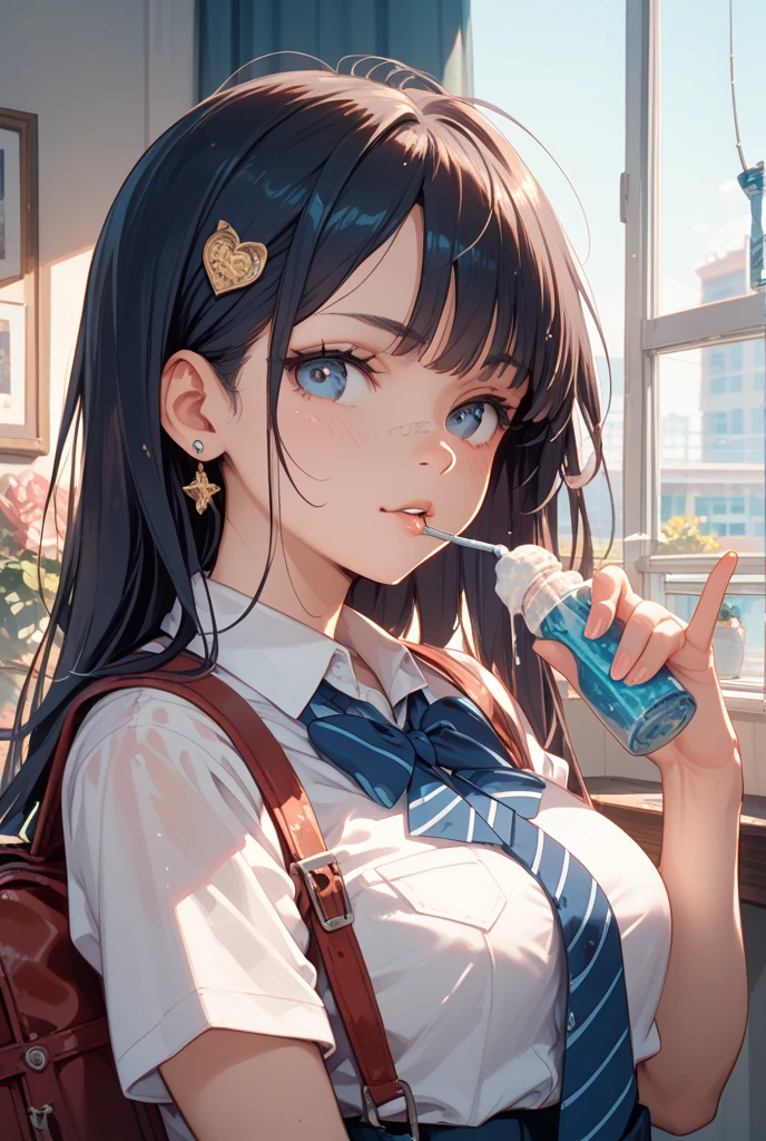 A young girl holding a glass of water with long hair, in the style of Realism: Lifelike accuracy, gongbi, I can't believe how beautiful this is, Ultra-realistic pop music, cartoony