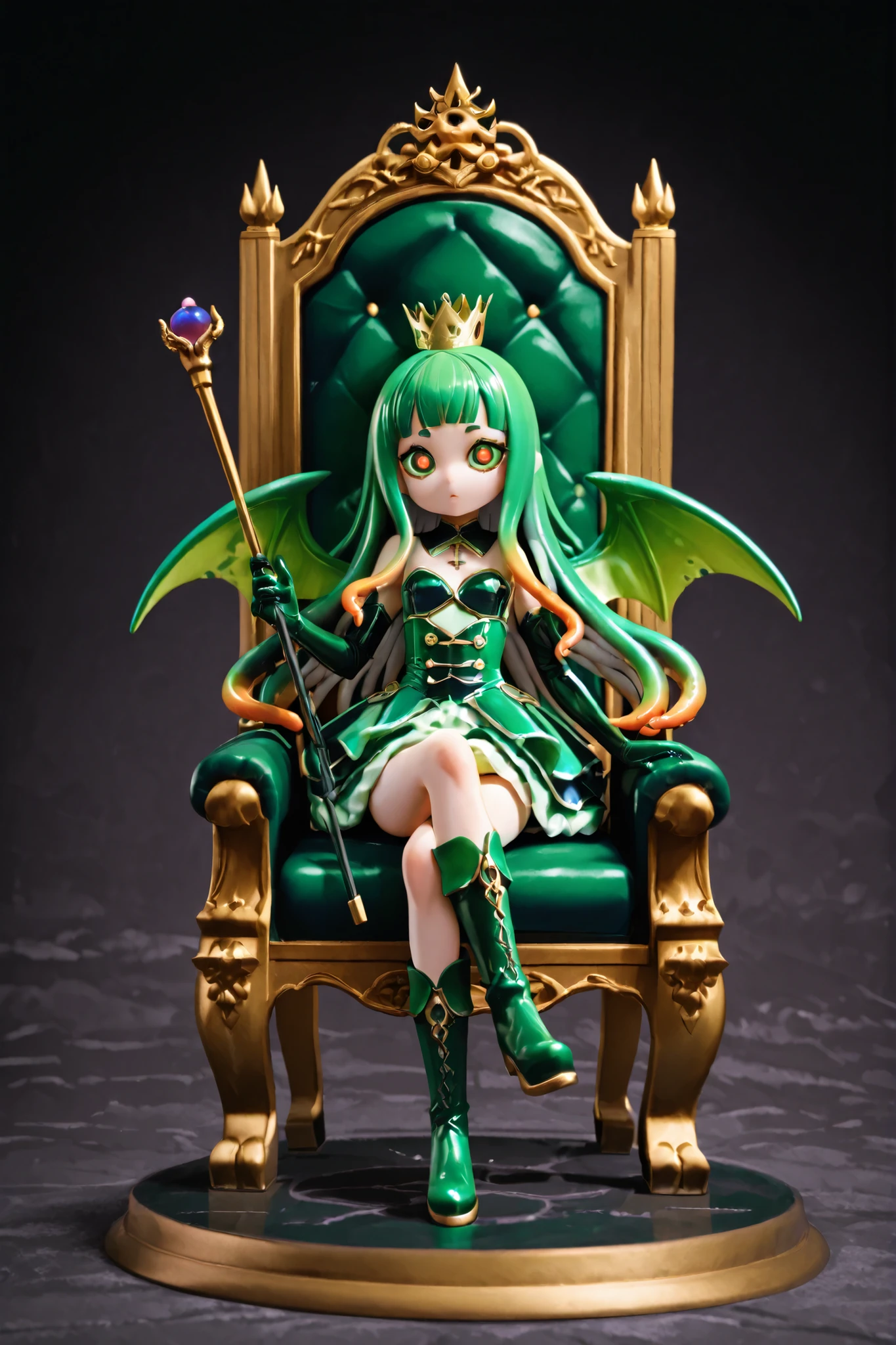 Cthulhu Princess Girl. Green hair. Long hair. Tentacle hair. Drooping bangs. Small crown. Big eyes on head. Yellow pupils. Octopus eyes. Black and green costume. Princess dress. Mini skirt. Ruffles. Long boots. Latex gloves. Jeweled walking stick. Green dragon wings. Sitting. Cross-legged. Throne.