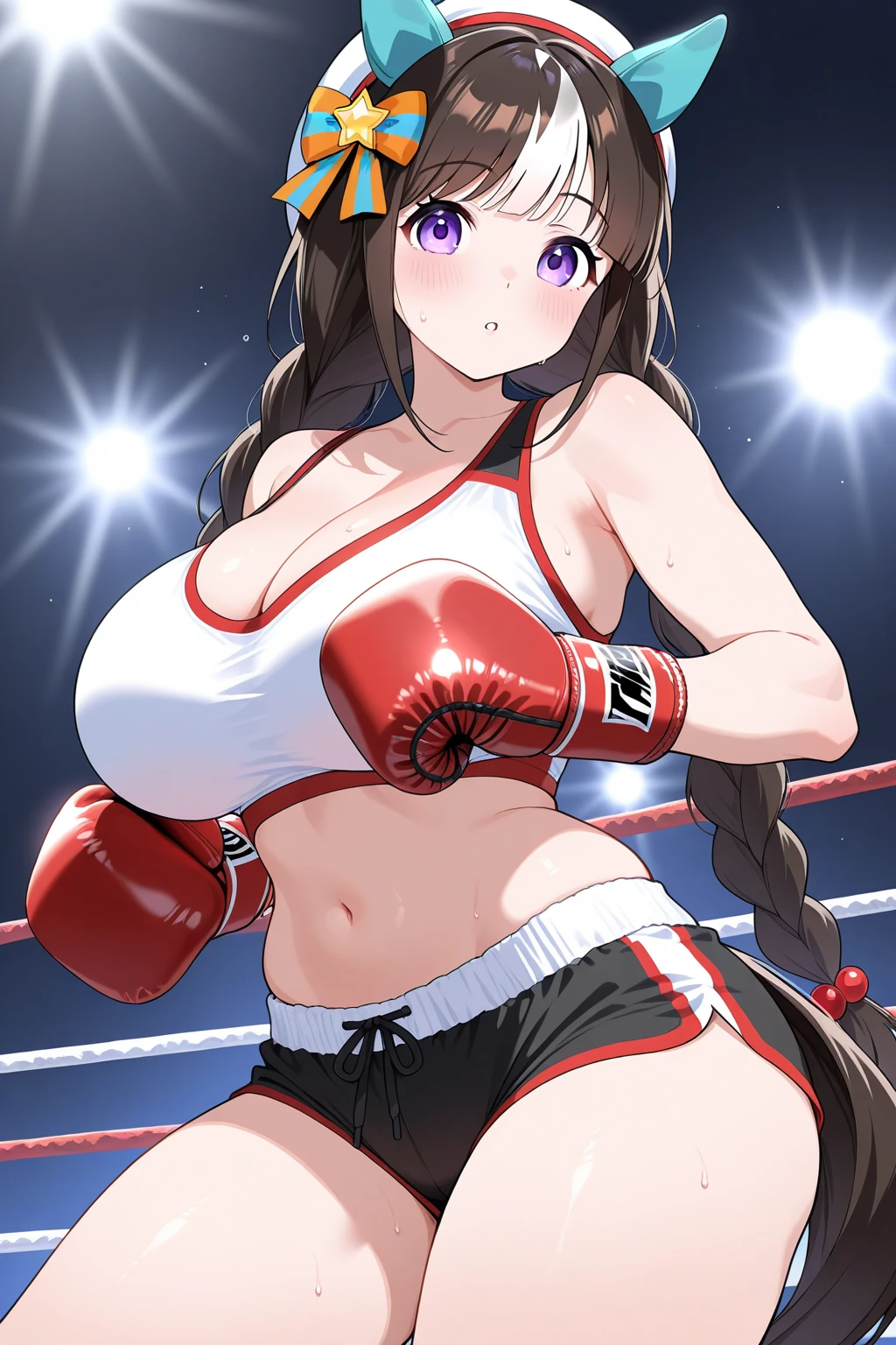 ((Best quality)), ((masterpiece)), ((anime style)), ultra detailed face, ((1 girl)), female wrestler, competition swimsuit, ((wrestling ring)), long hair, mature, milf, 30s, sweaty armpit, very sweaty, standing, victory pose, looking at viewer, highleg, smile, determined, victorious, 