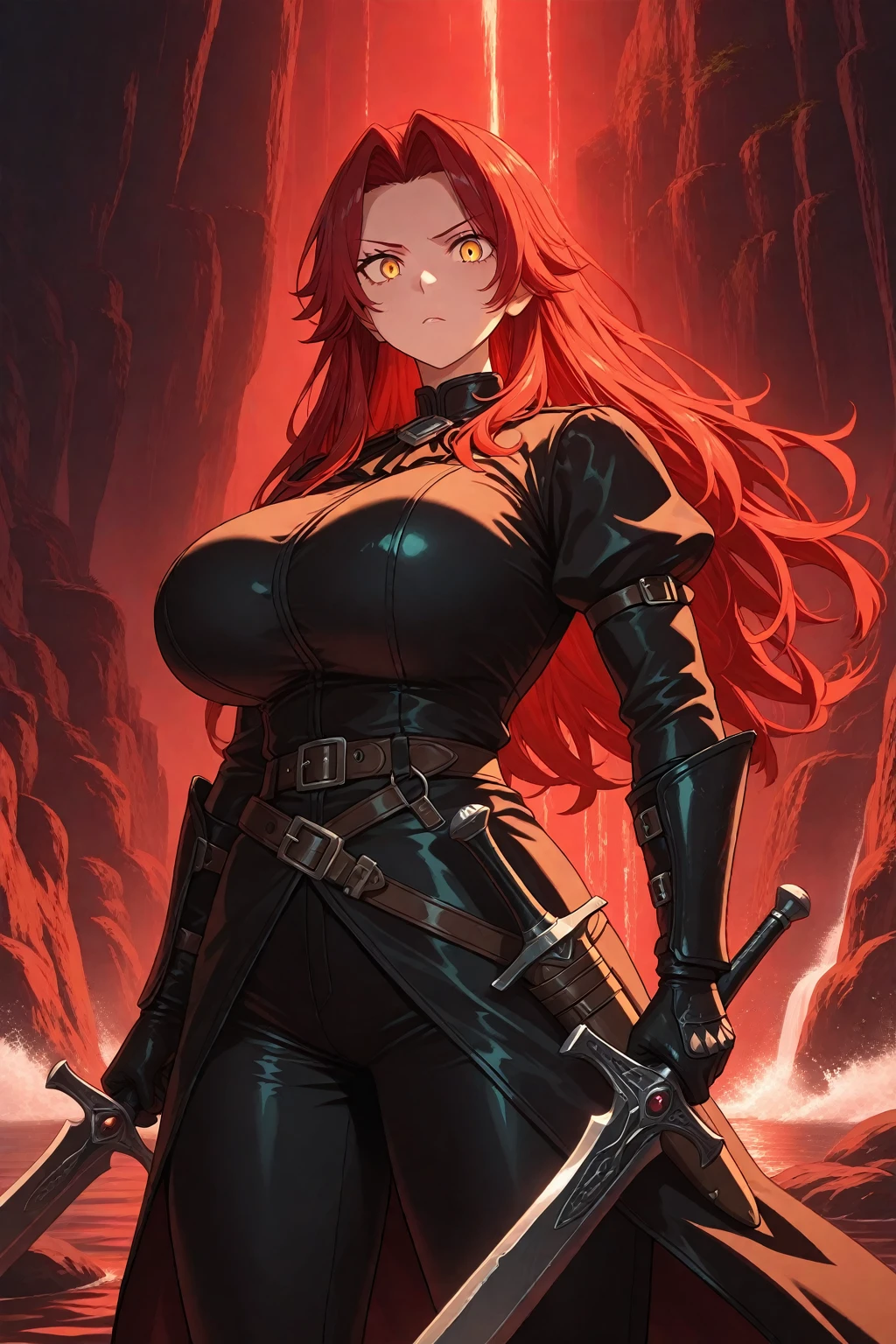 dark cinnamon red hair, golden eyes, long wavy hair, annoyed, black and gold hero costume, leather costume, fitted costume, long sleeves, boob slit, brown utility belt, big breasts, adult