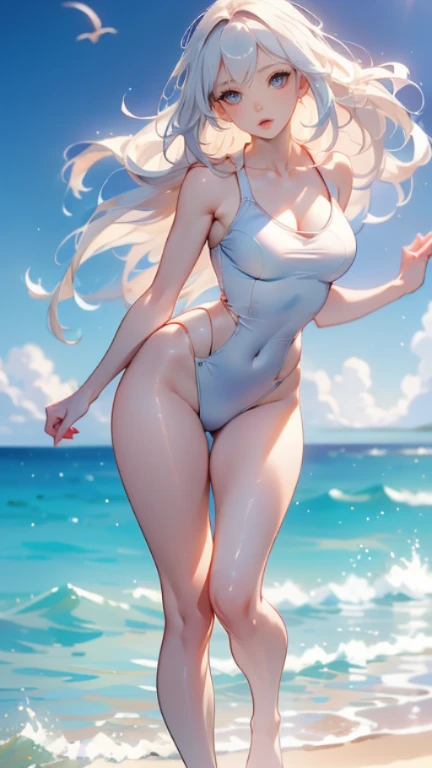 (masterpiece, highres, best quality, ultra detailed, detailed background, cinematic lighting:1.2), (beautiful detailed face, detailled eyes), pool, sunset, 1girl, long hair, white silver hair, straight hair, bangs, swept bangs, medium breasts, perky breasts, toned, red eyes, casual one-piece white swimsuit, competition swimsuit, wet, wet hair, wet swimsuit, water drop, shiny skin, shiny lips, sexually suggestive, perfect body,fox ears,(( blush on)),lying on ,open air, perfect white tails,((fox tails)),(Right leg tattoo)