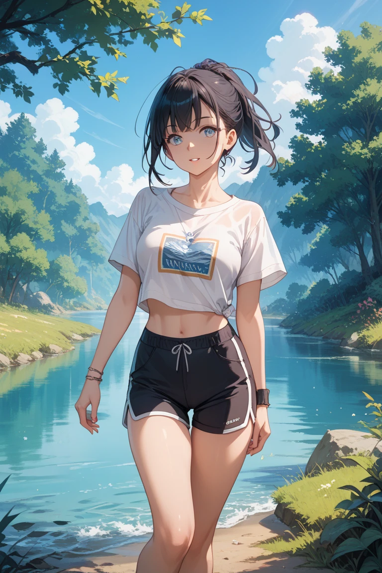 2d, masterpiece, best quality, anime, highly detailed, cowboy shot, 1girl, solo, kaguya shinomiya, red eyes, black hair, hort hair, folded ponytail, hair ribbon, gym shorts, sport shorts, shorts for woman, running shorts, casual sportshorts, shirt, sport shirt, oversized shirt, large oversized shirt, medium sized breasts, medium breasts, medium chest, high quality, 8k, best picture, detailed, high resolution, best pictrure, photo realistic, beautiful image, best image