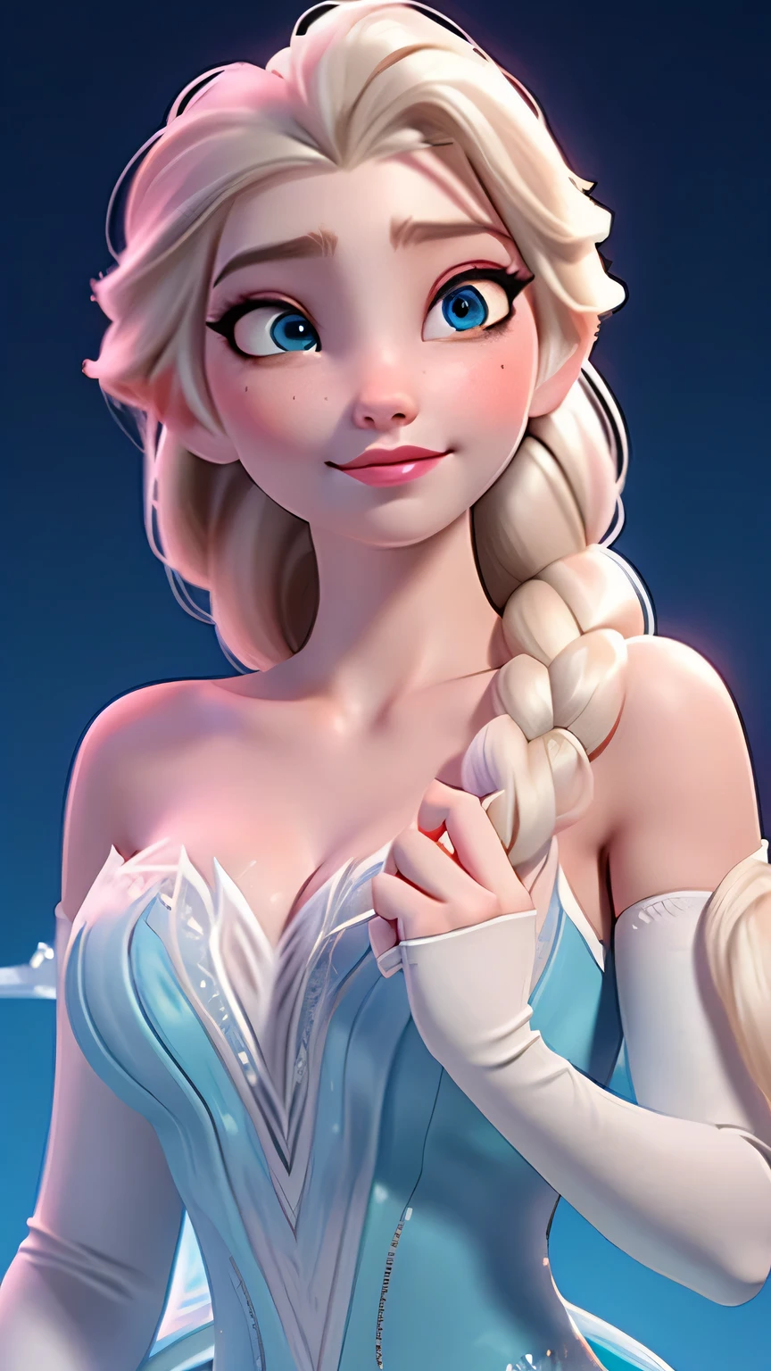 elsa, (perky breasts), (((small breasts))), affected smile:1.2, beautiful blue eyes, (perfect iris), depth of color in your eyes, by rubio, by the wide, braid, full lips, blush, naked, she is showing her vagina, depth of field, bokeh, (Special attention to leather details.: 1.2), masterpiece, Best Quality, ultra detailed, ultra HD, photorealistic, cinematographic, ((Medium camera shot)), sensual pose, seductive, Nipples:1.4, looking to the camera, closeup of his face, her cheeks are blushed, 22 years, she is on her knees, eye contact:1.4, Angle elevation:1.5, ((Closeup on face)), perfect face, (((visible breasts))) bokeh everything other than her perfect face, The location is Arendelle in winter., ice castle