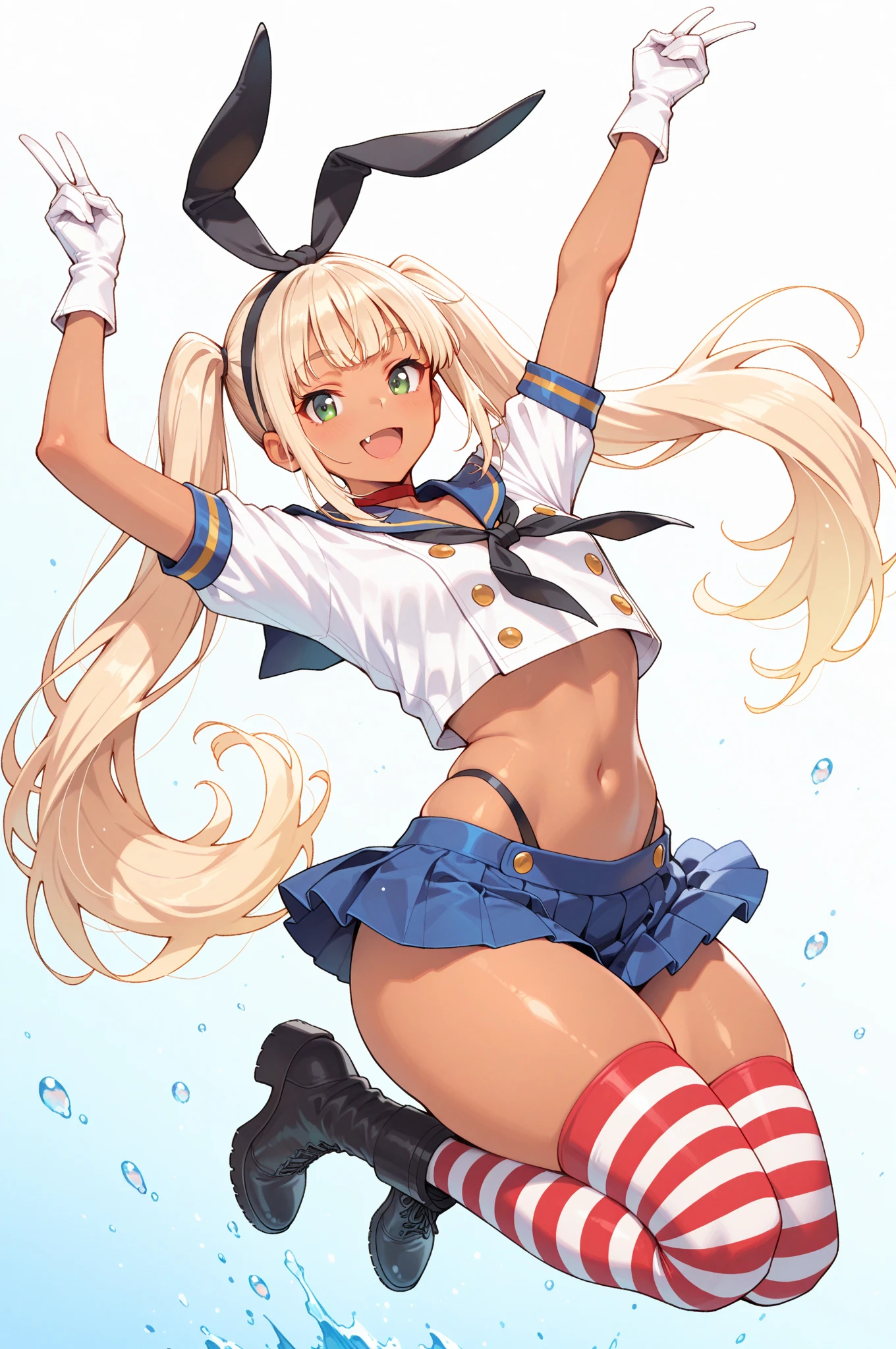 Girl in 1、masterspiece、Detailed beautiful face、Bright lighting、daytime、Detailed beautiful eyes、highly resolution、Ultra-fine illustration、extremelydelicateandbeautiful、beste Quality、The whole body is shown、Squatting、squattting、Open both knees、(熟女:1.2), 独奏, 30s、(Dark skinned:1.5), (silver-hair, ponie tail,Blue eyes),smile on face、Smiled face、Hair tied at the back、Curvaceous, (lustrous Some hair, gloss eyes, shinny skin), (shining skin:1.2), 、thights、arm behind head、Raise your arms、armpit、front facing、((sailor suits、onepiece)),Pichi Pichi clothes、enamel、ratex、Short skirt、a school uniform、The navel is visible、pelvis curtain、Armpits、smile on face、black thighhighs、Watch your audience、under-boobs、Black belly、Blushed、sweats、Jeweled、Parting lips、pantyhose、Blushing cheeks、tiptoes、loafers、schools