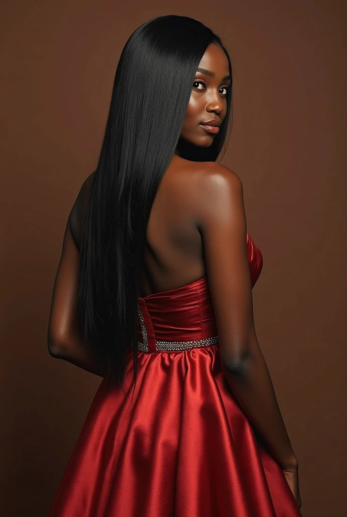 Make a book cover, as if it were drawn by hand, of a black woman, with long black hair, with a red dress, chic, at the time of the 19th century, with open backs, at the end there is the shadow of a man waiting for her at the door, A white man.