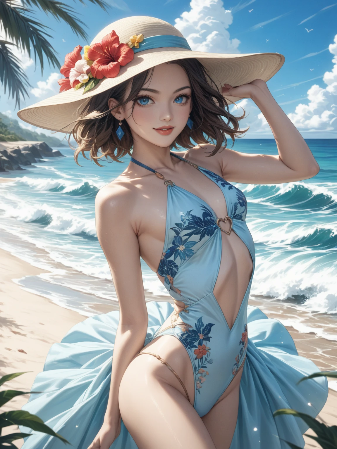 (in 8K、top-quality、​masterpiece:1.2)、1人の女性、(Smiling smile:1.1)、beautidful eyes、Valley、The upper part of the body、shorth hair、Like a boy、bob cuts、Colossal tits、White View、