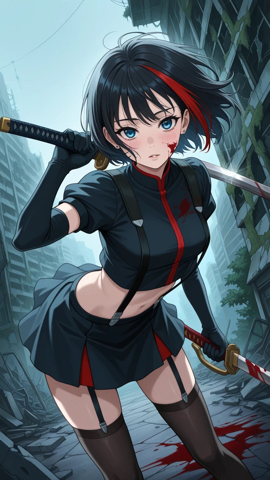 Make a girl in a black suit with a katana in her right hand