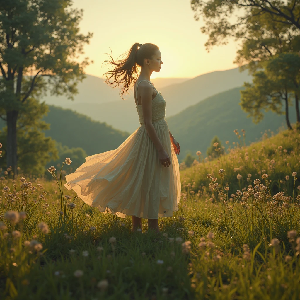 (Watercolor in Sargent style)、(top-quality、masterpiece)、(David Hamilton Style)、(softfocus)、Cinema Angle、ciinematic light、Soft light、Countryside painted on a foggy morning、Create an ethereal scene in a calm morning misty meadow。Draw delicate and blurry brushwork、Capture the elusive nature of fog、Enhance the serene atmosphere of the countryside、One lady、dark brown hair、Braided hair、White blouse and long skirt、picnic、standing on a hill、blown by the wind、Holding a bouquet of flowers in your hands、