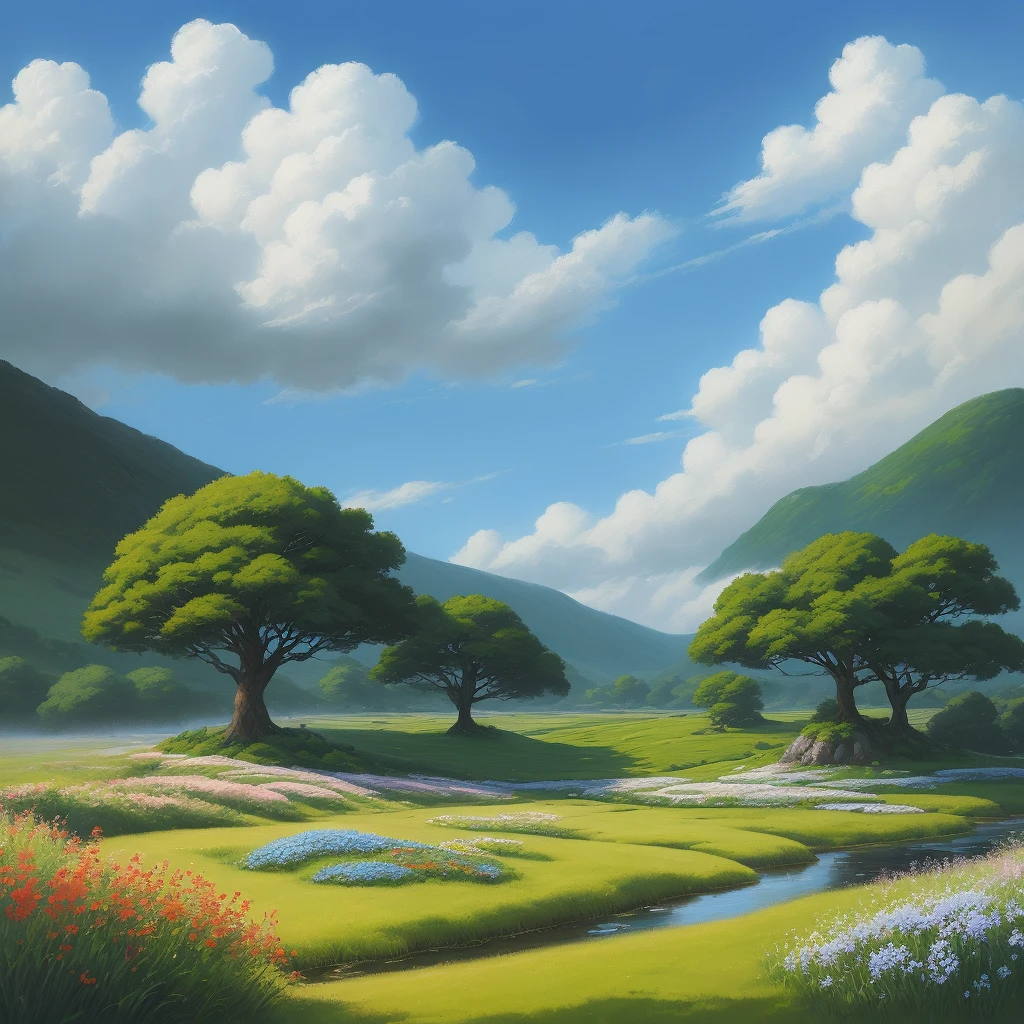 Realistic, authentic, beautiful and amazing landscape oil painting Studio Ghibli Hayao Miyazaki's petal grassland with blue sky and white clouds
