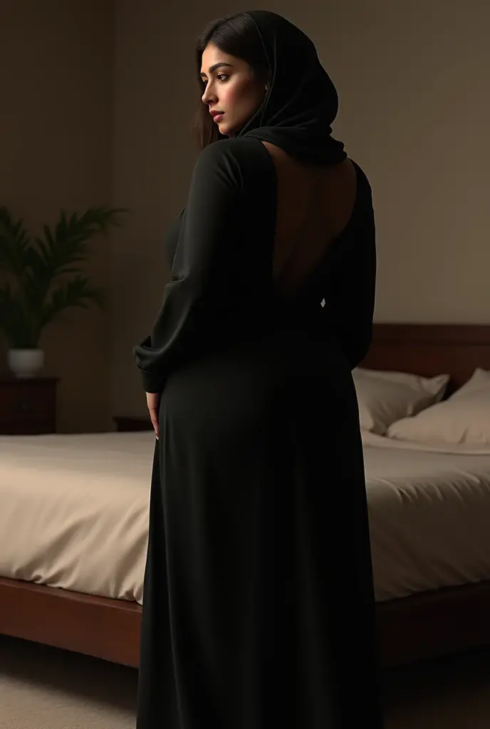 Curvy girl Indian black hijab Abaya lusty going on shoft bed before sex full body back hips view standing