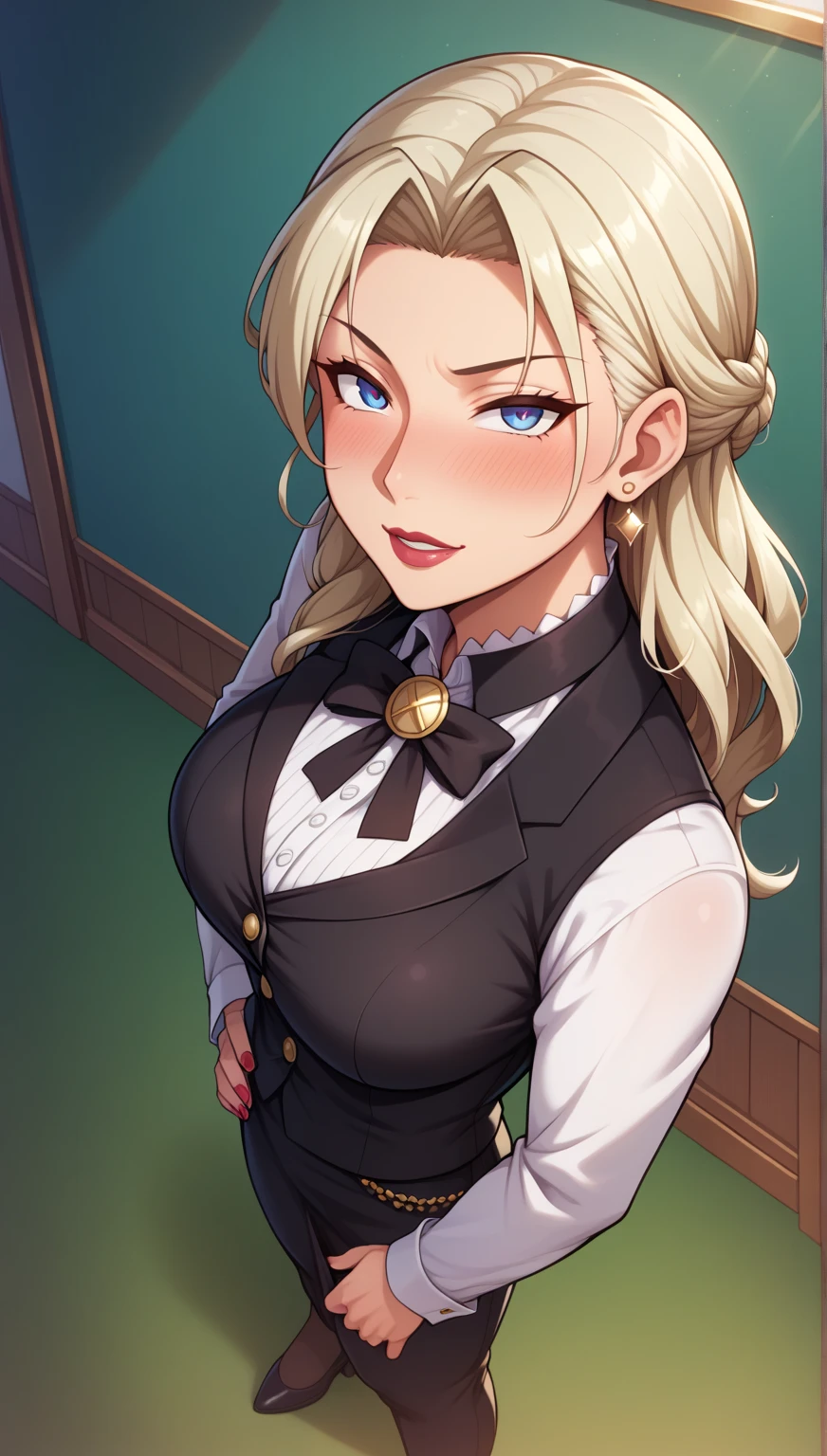 score_9, score_8_up, score_7_up, score_6_up, uncensored, angelica, blonde hair, braid, red eyes, BREAK (masterpiece:1.2), best quality, high resolution,(detailed eyes:1.3), perfect lighting,(perfect hands, perfect anatomy), large breasts, , miniskirt, pantyhose, dynamic pose
