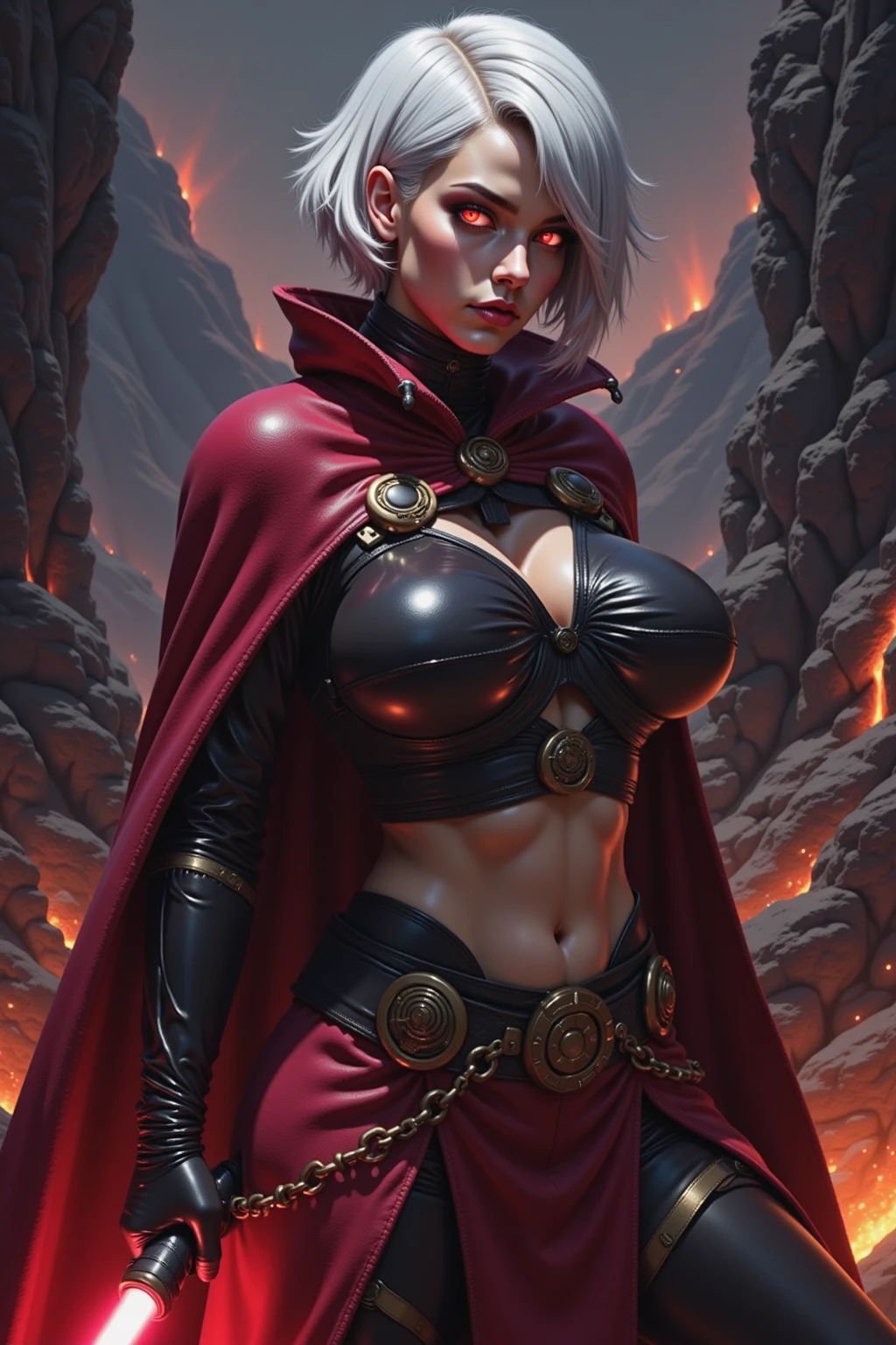 ((Close-up)), tall, (White hair) beautiful muscular woman, long straight hair, light brown skinned, closed smile, big breast, (black lipstick), (massive muscles), (hyper muscle), ((ginormous bulky muscles)), glowing blue eyes, ((black hooded coat and long pleated skirt)), (carrying a giant fire sword), choker, thigh high boots, (Dark and moody universe:1.3)