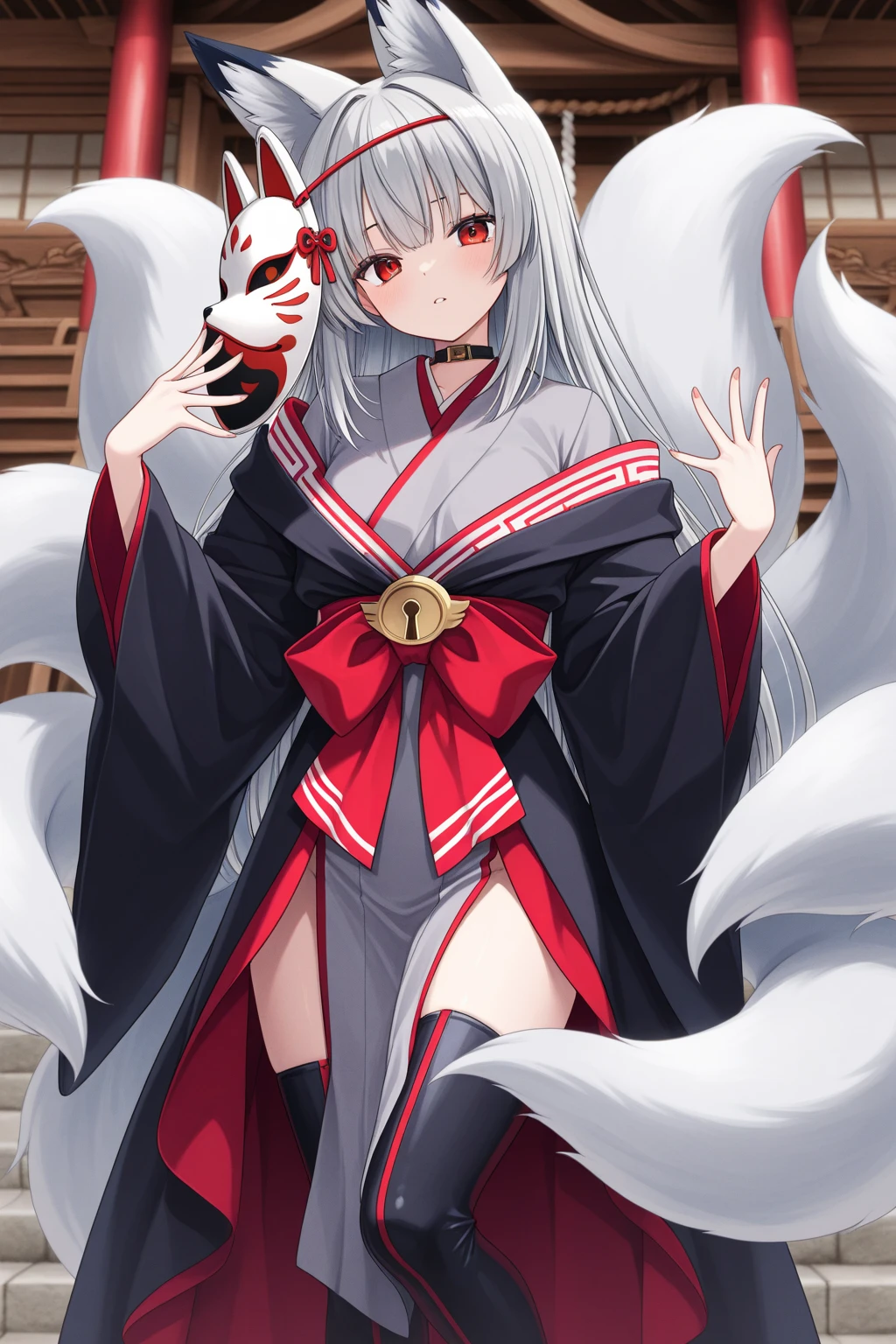 a sexy milf, has very long white hair, breasts, showing cleavage, has fox ears, wearing sakura kimono, in a gypsy tent, reading a crystal ball and surrounded by tarot cards, surrounded by candles, mystical, showing legs, sitting on cloth laden stool, has a table in front of her