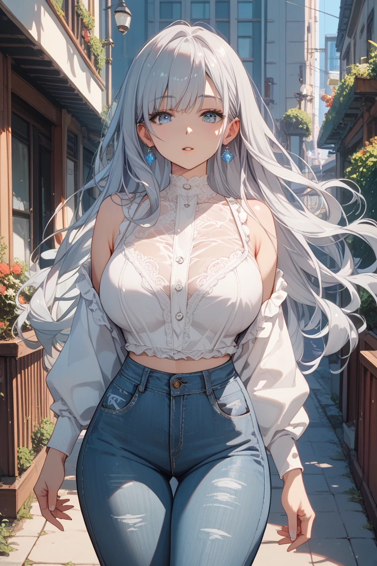 (big breasts, long hair)), (((anime girl))), daylight sunlight, ((full body)), mole on chest, ((shorts)), (extremely detailed 8k cg wallpaper), (extremely delicate and beautiful), (Masterpiece artwork), (the best quality: 1.0), (ultra resolution: 1.0), beautiful lighting, realistic shadows, [high resolution], Detailed aspects, ultra detailed, cleavage, mini black top, (detailed eyes:1.0, perfect eyes, blue eyes)