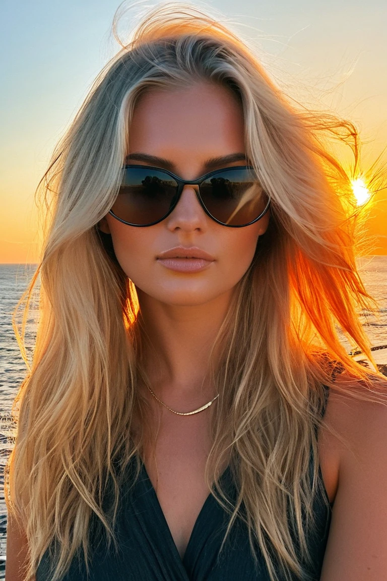 Blonde, bangs, on beach, sexy, woman, sunglasses, biting lip, sexy pose, sunset, romantic bed, seductive.