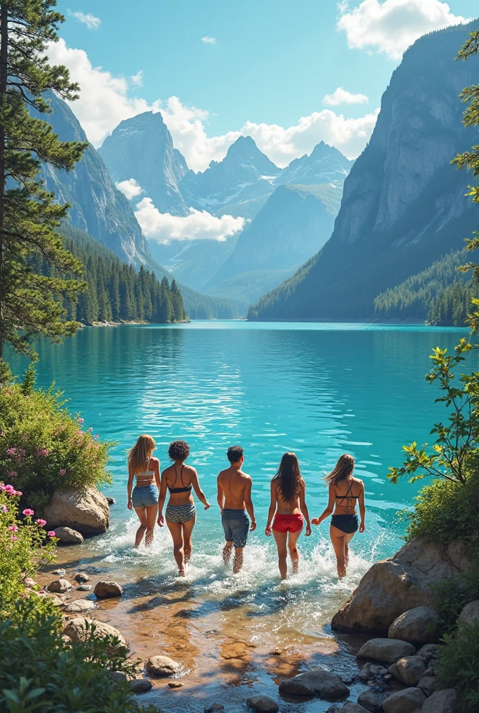 A photograph that captures the essence of a magical dream world.. An epic and legendary cliff overlooking a beautiful lake., with surreal and vibrant colors illuminating its reflection. The atmosphere is from another world., with a soft evening light that casts ethereal shadows. The image creates a feeling of depth and mystery., as if the viewer were transported to another dimension, creating a beautiful and haunting composition. Taken with a Canon EosIII Zeiss 120mm wide and medium 5 very sexy and voluptuous girls like porn actresses, very sensual and without clothes