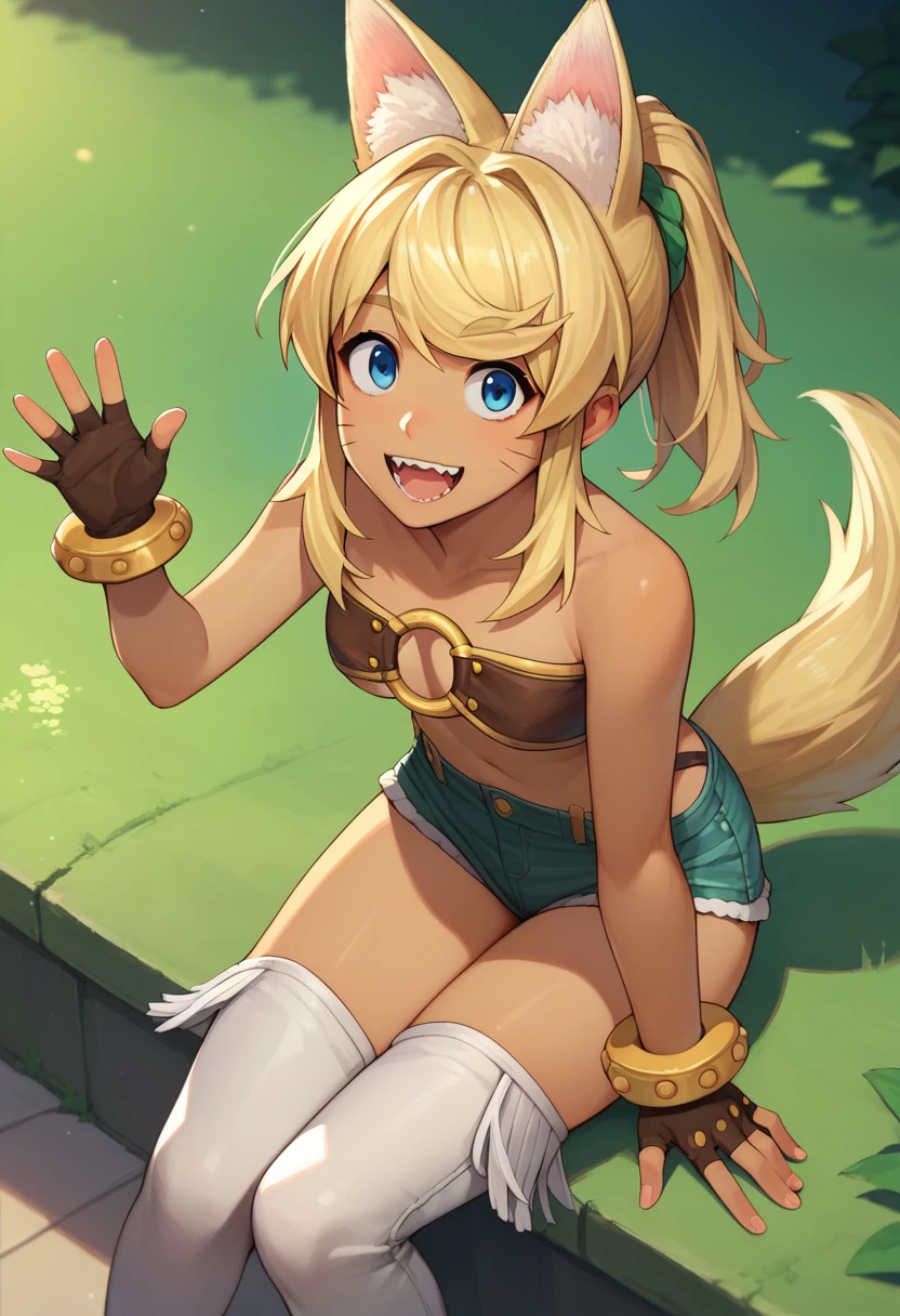1girl,
<lora:pokan_liru_xl-000004:1>,
pokanliru,
<lora:Card Captor Sakura Anime_XL:1>,
beltbra,
denim shorts,
fingerless gloves,
o-ring top,
white thighhighs,
blonde hair,
blue eyes,
dark skin,
ponytail,
whisker markings,
wolf tail,
<lora:dsno_XL:1>,
hand on chin,
looking at viewer,
one eye closed,
open mouth,
upper body,
white background,
masterpiece,
best quality,