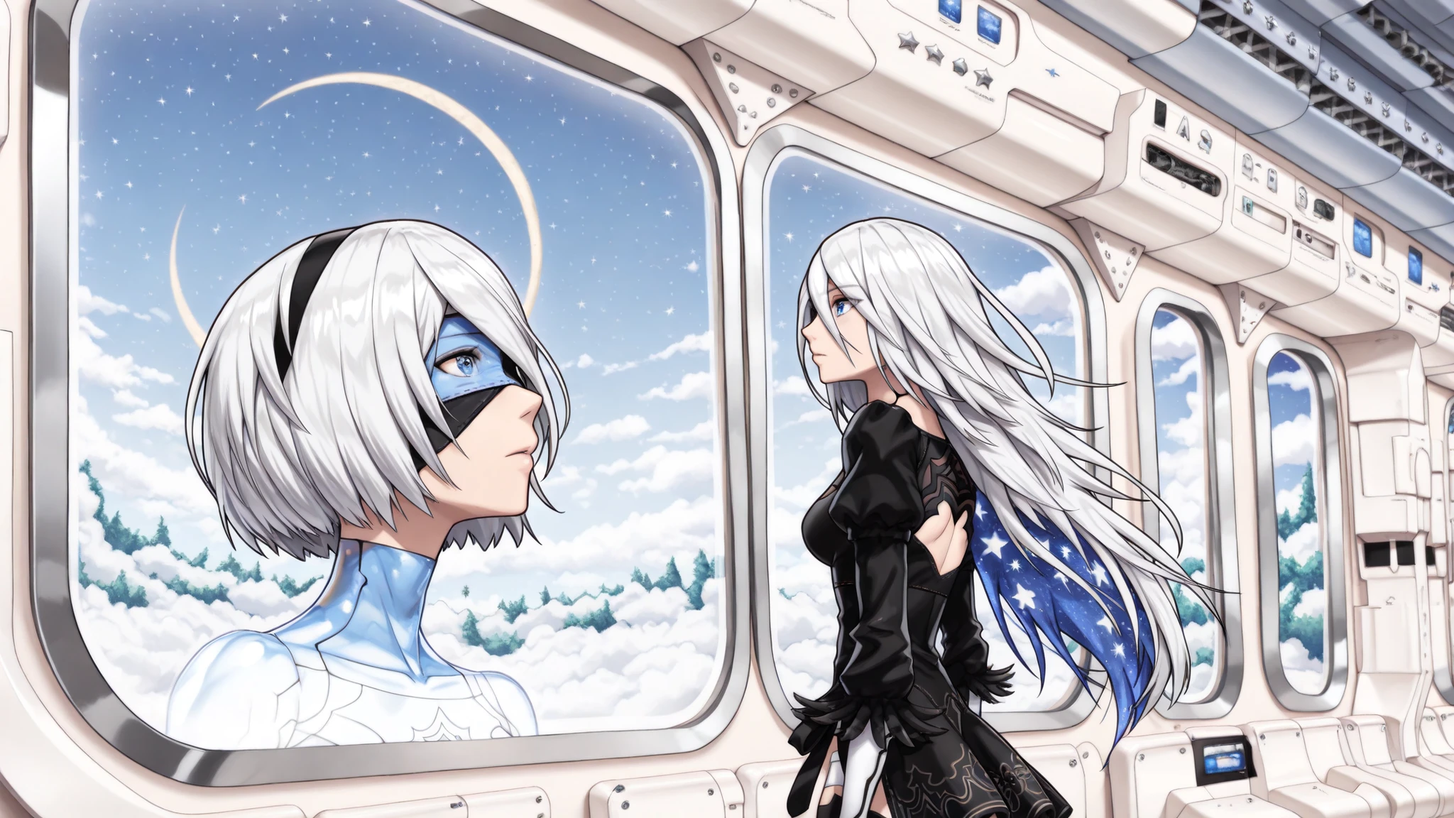 scenery, nierscene, 2 images, right image: ((1character, solo, a2_\(nier:automata\), long hair, in a forest, looking up at the bright blue sky, vivid colors, day, small crescent moon visible in the daytime sky, Ko'olau volcano in the background)) left image: ((Monochrome, solo, 1character, a2_\(nier:automata\), short hair, hair band, blindfold, black dress, in profile, at a window, reflection, in a space station, looking down at the Blue Earth, vivid blue, stars in the background))