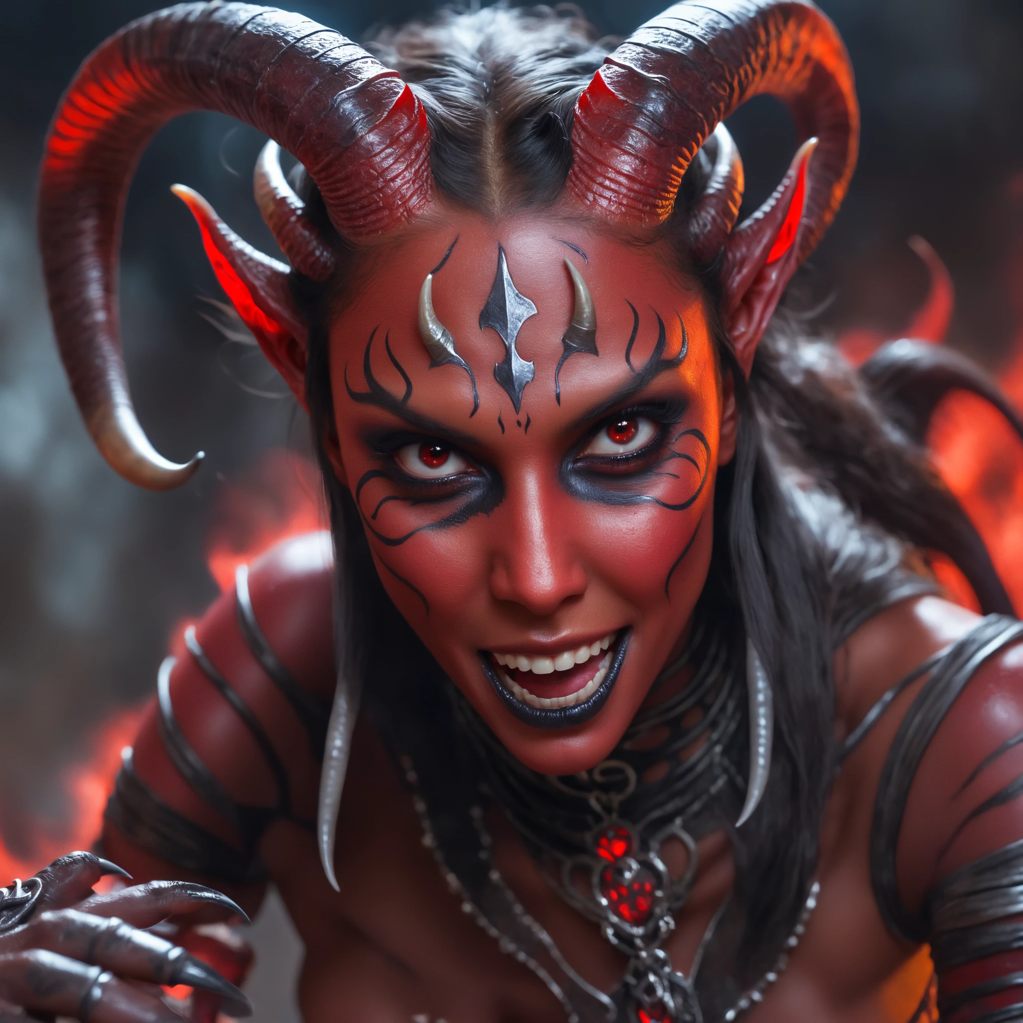 ((1girl, solo, (Oni), (oni horns, red skin, slander tail), wide samurai pants, geta footwear, near campfire, lean back, tree, sits across-legged, hands on knees, damaged body, bleeding, fresh scars, (breasts bandage), looking at viewer, facing viewer, side view, forest background, dark forest, night time, fire, campfire