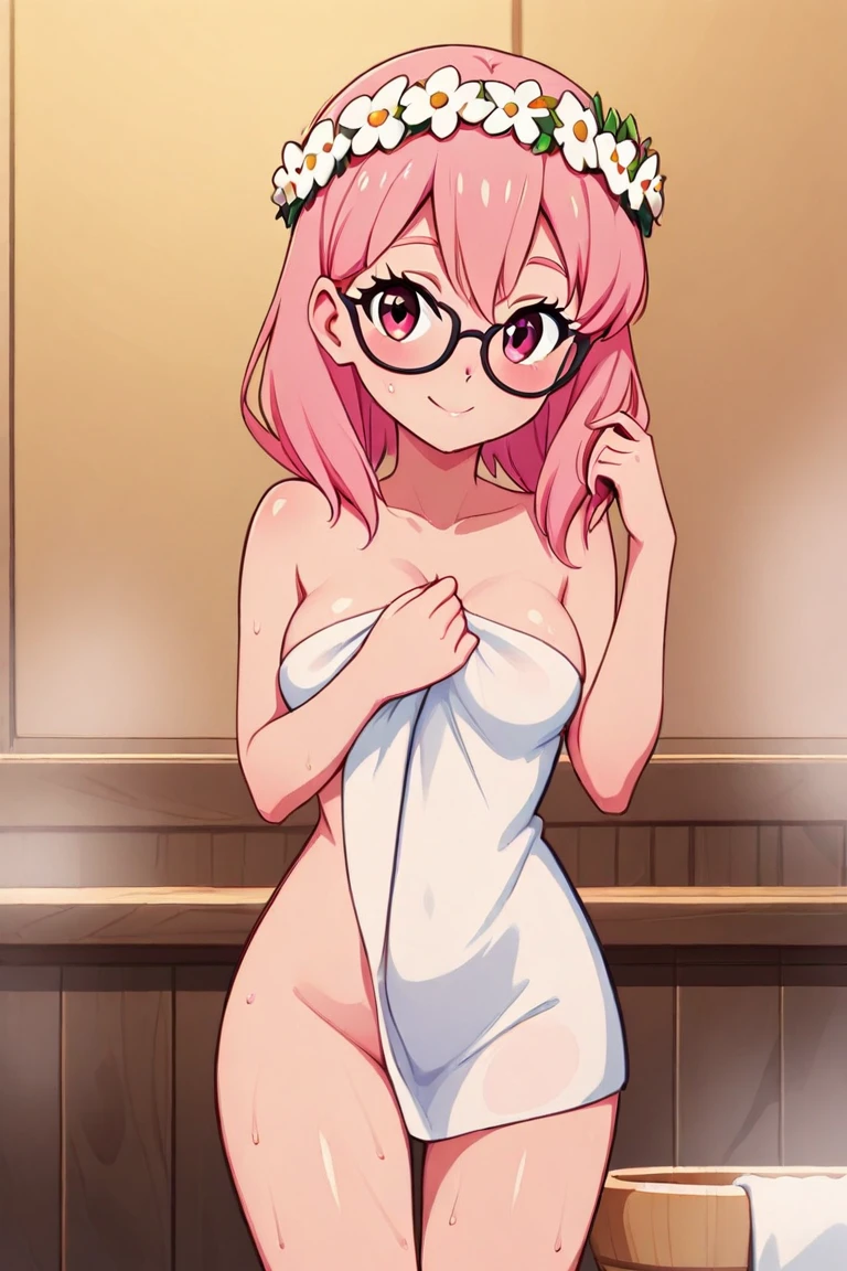 (masterpiece, best quality:1.2), solo, 1girl, charlie morningstar, smile, looking at viewer, sitting in an armrest chair, long hair, nude, naked, pink nipples, glasses, naugthy smile, hotel