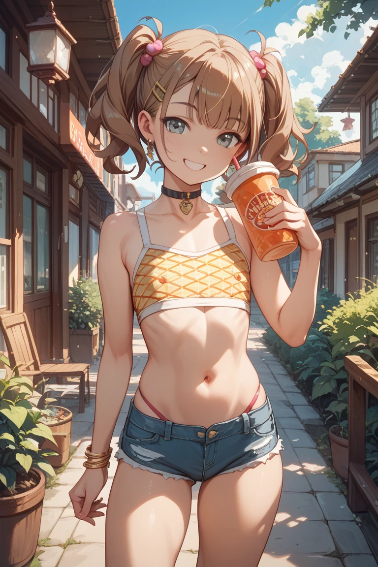 (masterpiece, Best Quality, ultra-detailed, high resolution, extremely detailed CG, official art, Professional Lighting, Perfect Anatomy, anime colors), (from below), looking at viewer, cowboy shot, perfect body, a 24yo beautiful girl, sidelocks, hairband, earrings,medium hips, glamorous body,a small face,beautiful-makeup,Makeup light,dark brown hair, Amazing Cleavage, thin waist, cute ass, Raised sexy, small breast: 1.2 posed cleavage:1.2, (off shoulders,Denimbra,legginullnude), micro denim shorts, bare legs, nail_polish, pale skin, Waiting friend, (morning:1.5), tokyo, (convenience store:1.3), outdoor, (depth of field:1.3), contrapposto, (Hold a coffee in your hand:1.3),delicate beautiful face, Bright blue eyes, cute eyes, sparkling eyes, Big eyes, (perky chest:1.1), (pointed chest:1.3), looking at viewer,