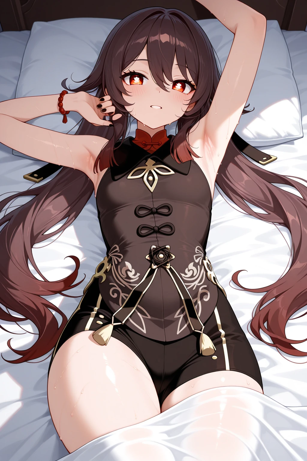 (masterpiece, top quality, best quality, official art:1.2), extreme detailed, 1girl, mizuki yukikaze, hair ribbon, black leotard, taimanin suit, one-piece tan, elbow gloves, fur trim, fingerless gloves, frilled leotard, thigh boots, small breasts, small girl, smile, full body, indoors, bedroom